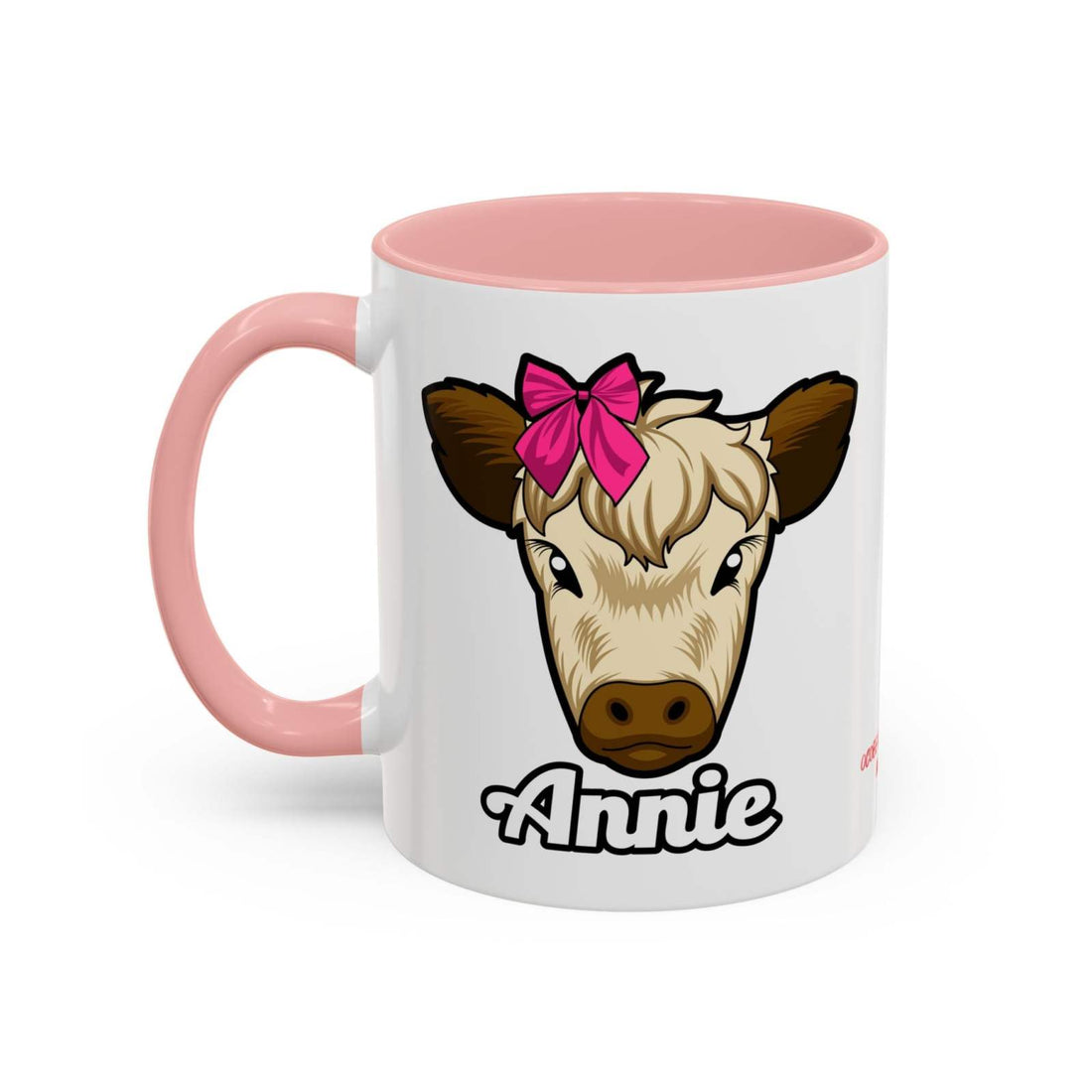 Farmhouse cow coffee mug featuring Annie with red bow, pink handle and interior, ceramic.