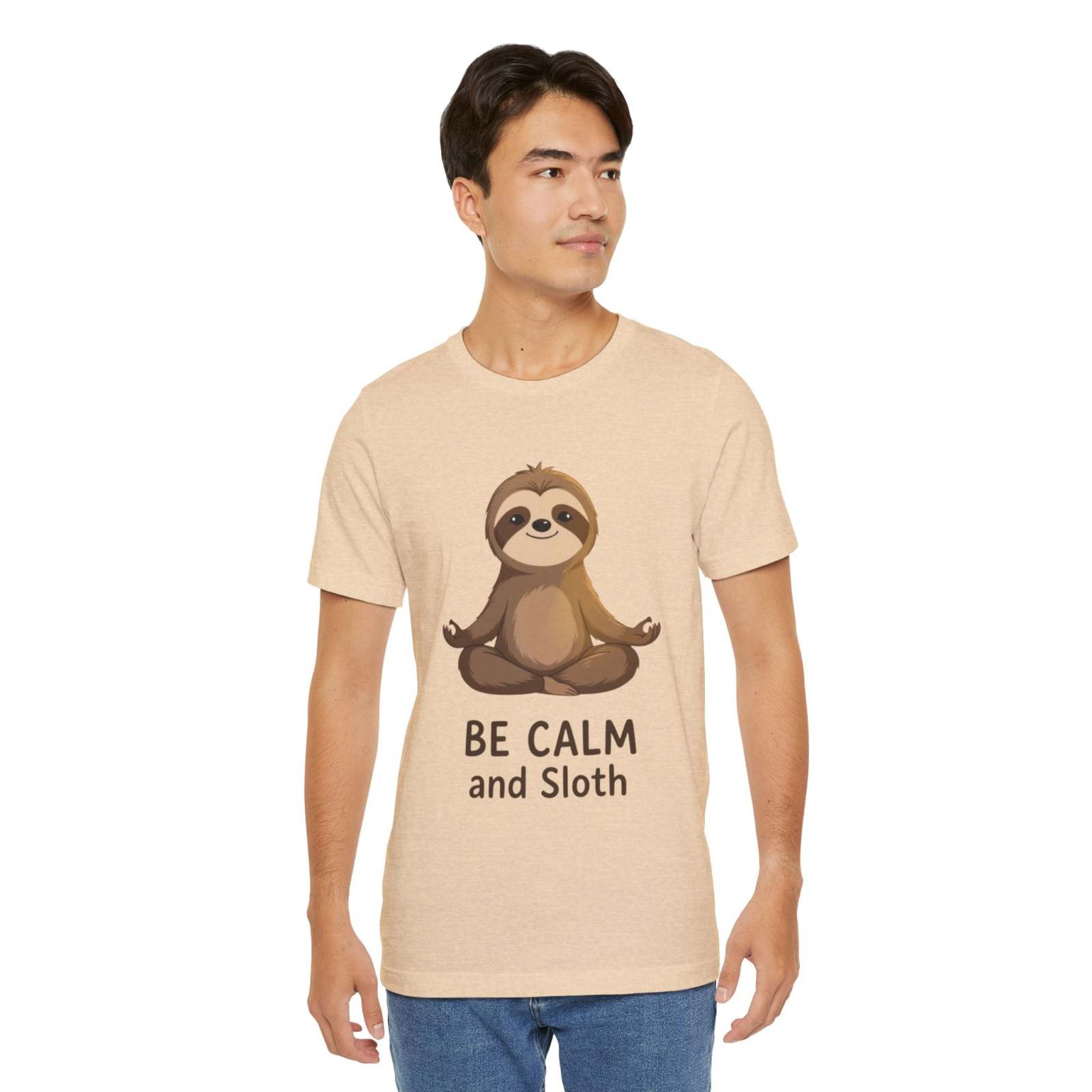 Unisex beige sloth t-shirt with "Be Calm and Sloth" meditation graphic, casual fit
