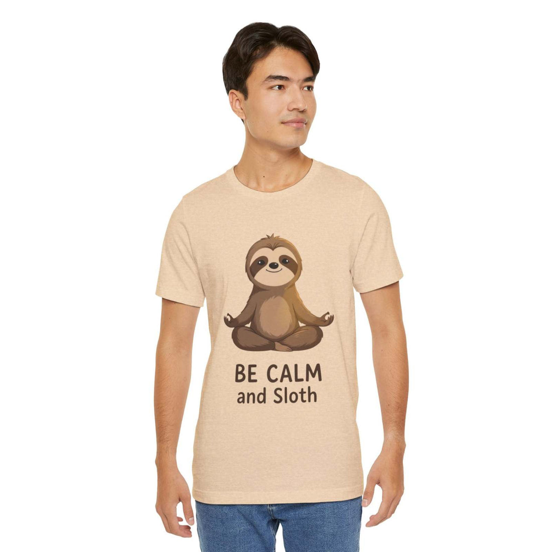 Unisex beige sloth t-shirt with "Be Calm and Sloth" meditation graphic, casual fit