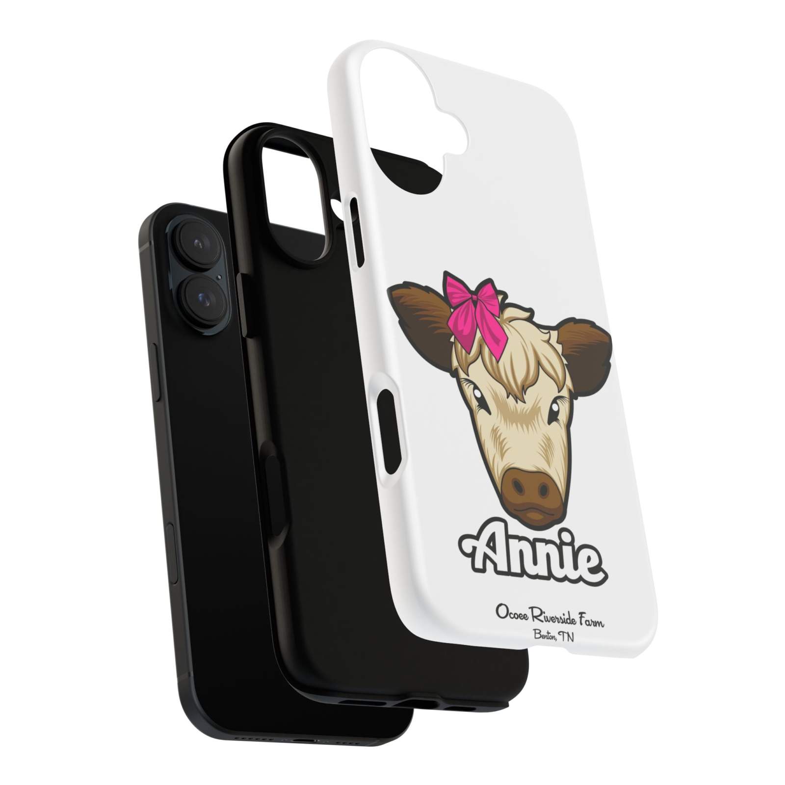 Cute farmhouse cow phone case with red bow, perfect farm animal lover gift.