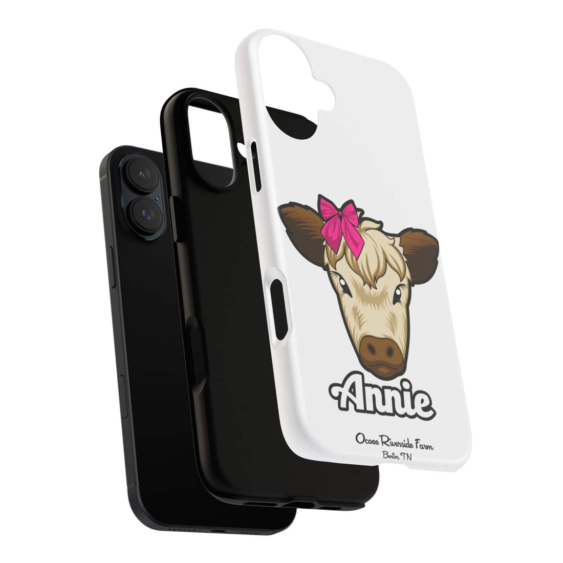 Cute farmhouse cow phone case with red bow, perfect farm animal lover gift.