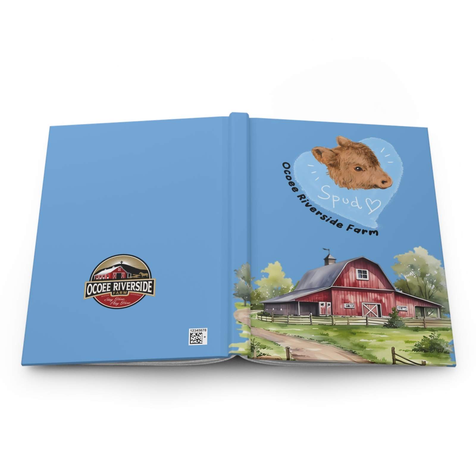 Hardcover Rustic Cow Journal with Ocoee Riverside Farm design featuring a red barn and cow illustration on blue background