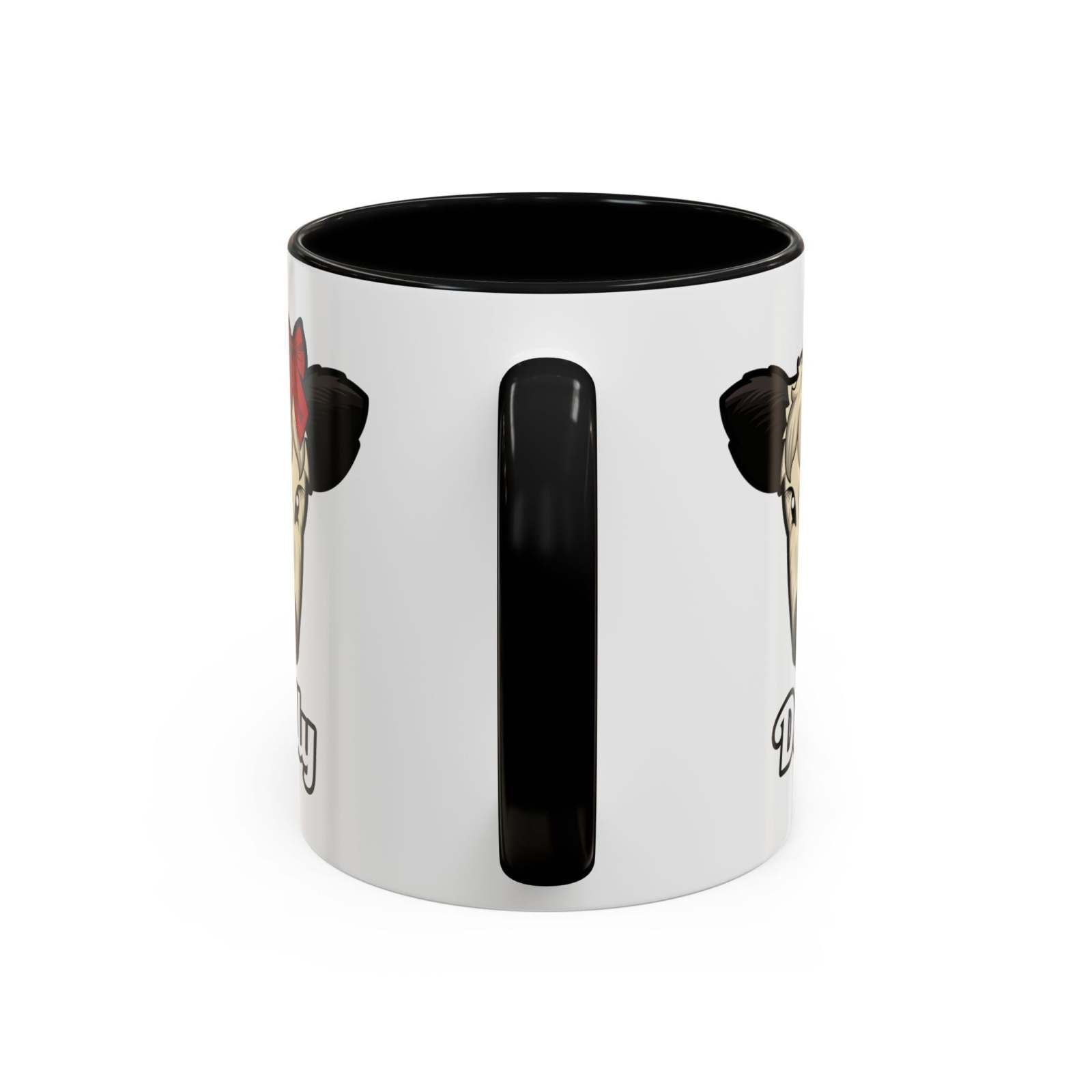 Farm Animal Coffee Mug featuring Dolly the cute cow with a red bow, black handle, and black interior, made of ceramic and microwave-safe