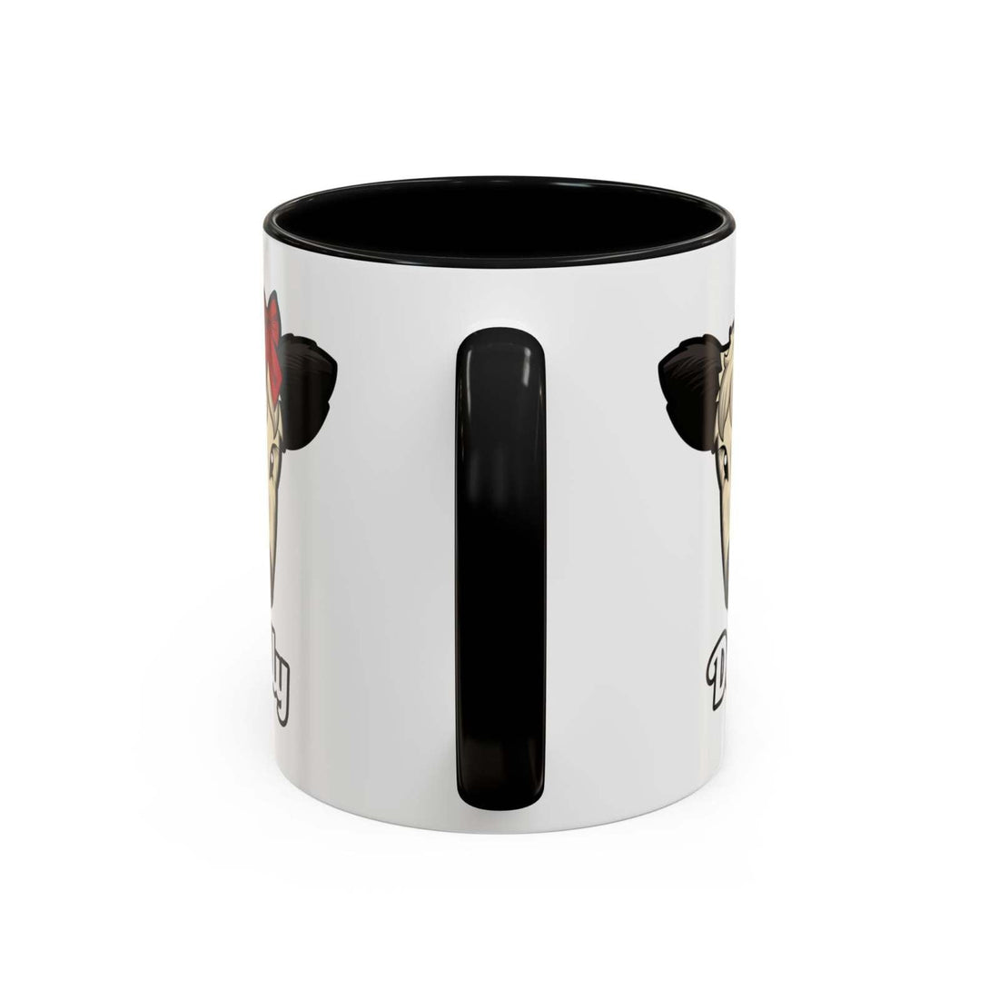 Farm Animal Coffee Mug featuring Dolly the cute cow with a red bow, black handle, and black interior, made of ceramic and microwave-safe