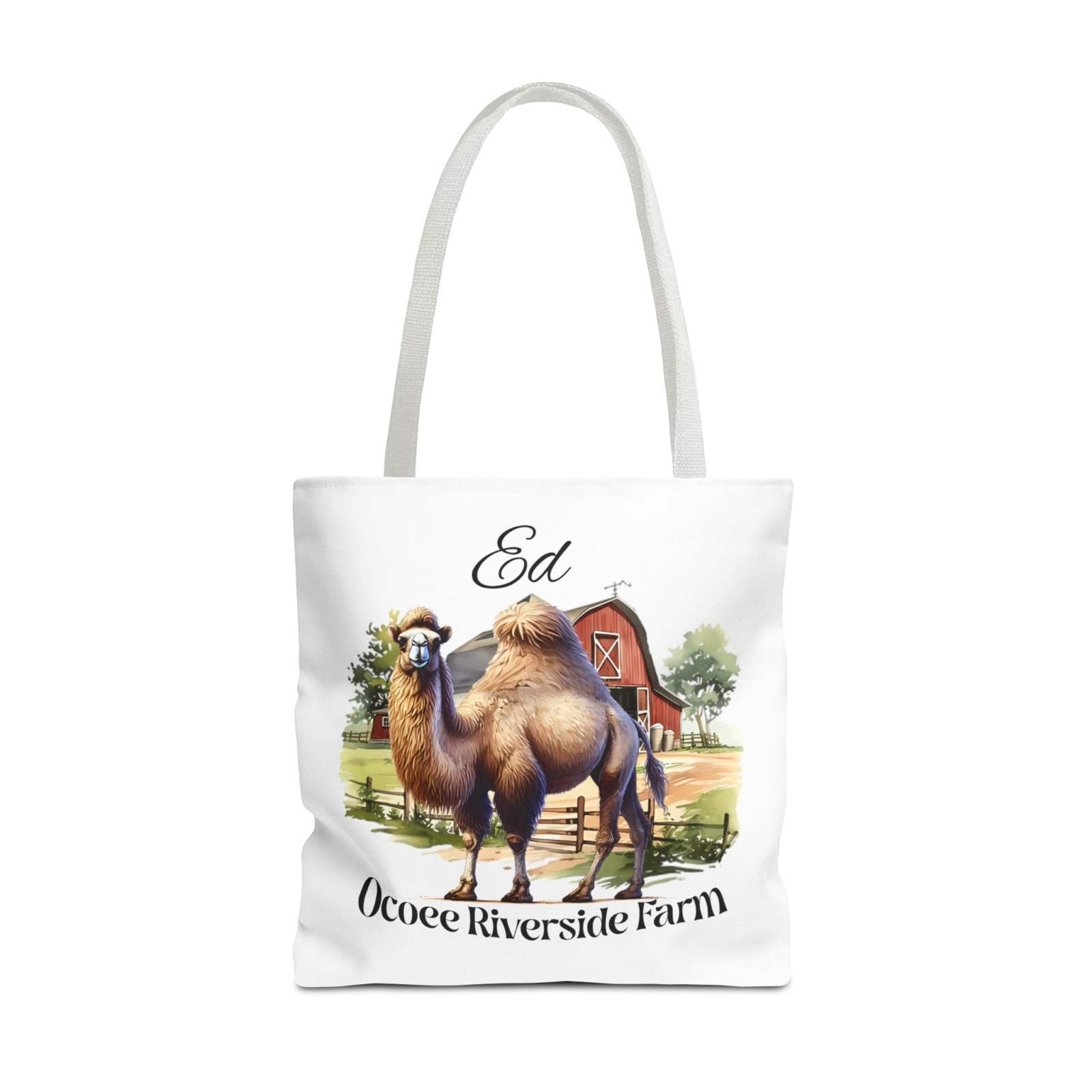 Ed Camel Tote Bag featuring farm camel illustration and barn scene, eco-friendly shopping tote with reinforced handles