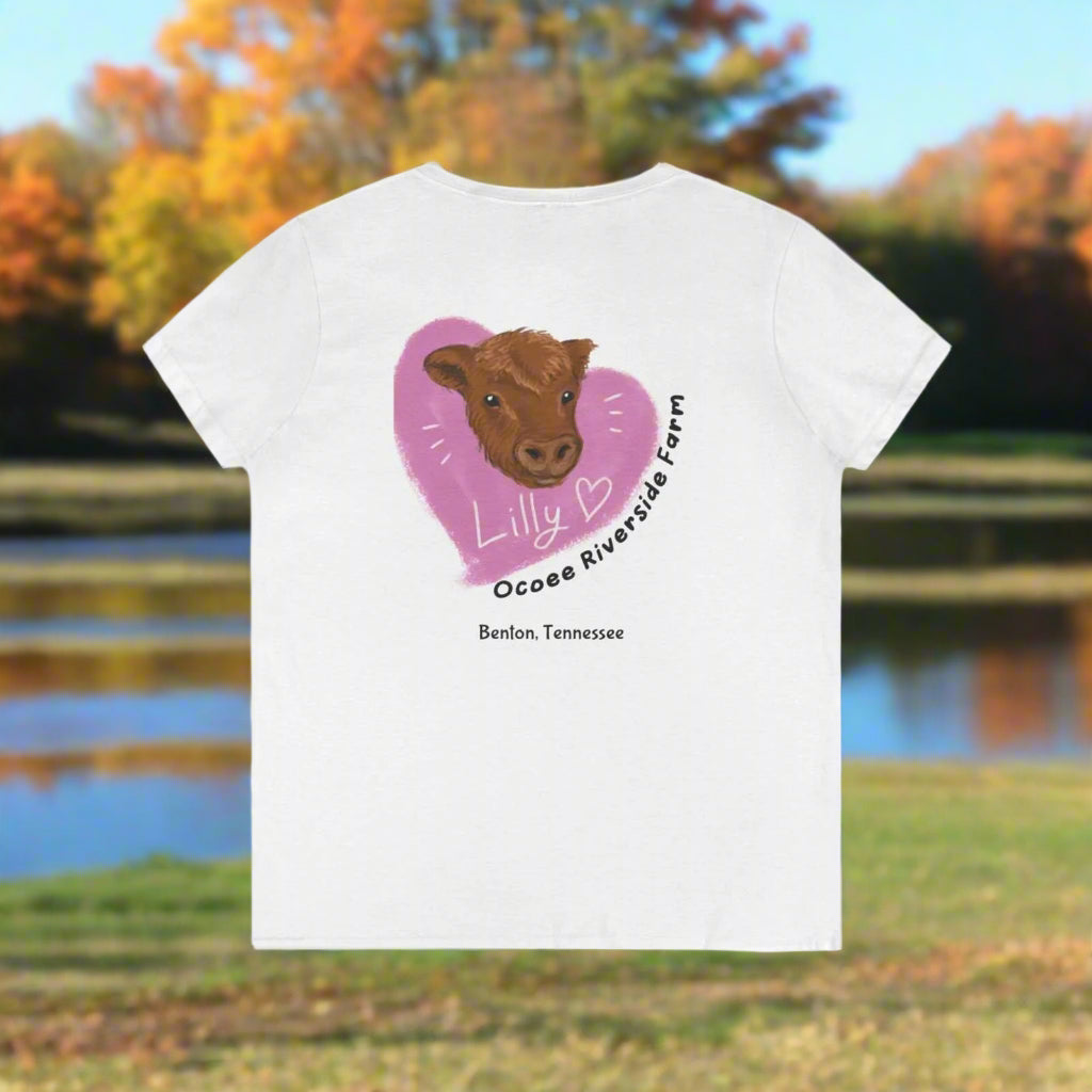 White Spud Heart Women’s V-Neck Tee with cow illustration and Ocoee Riverside Farm text on the back