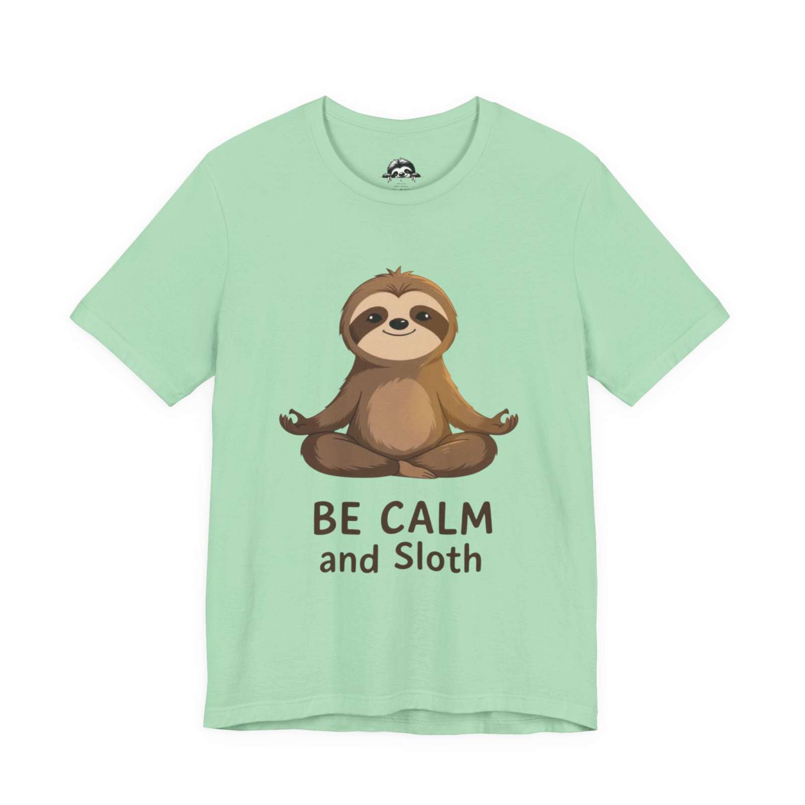 Mint green unisex sloth t-shirt with "Be Calm and Sloth" graphic and relaxed fit.