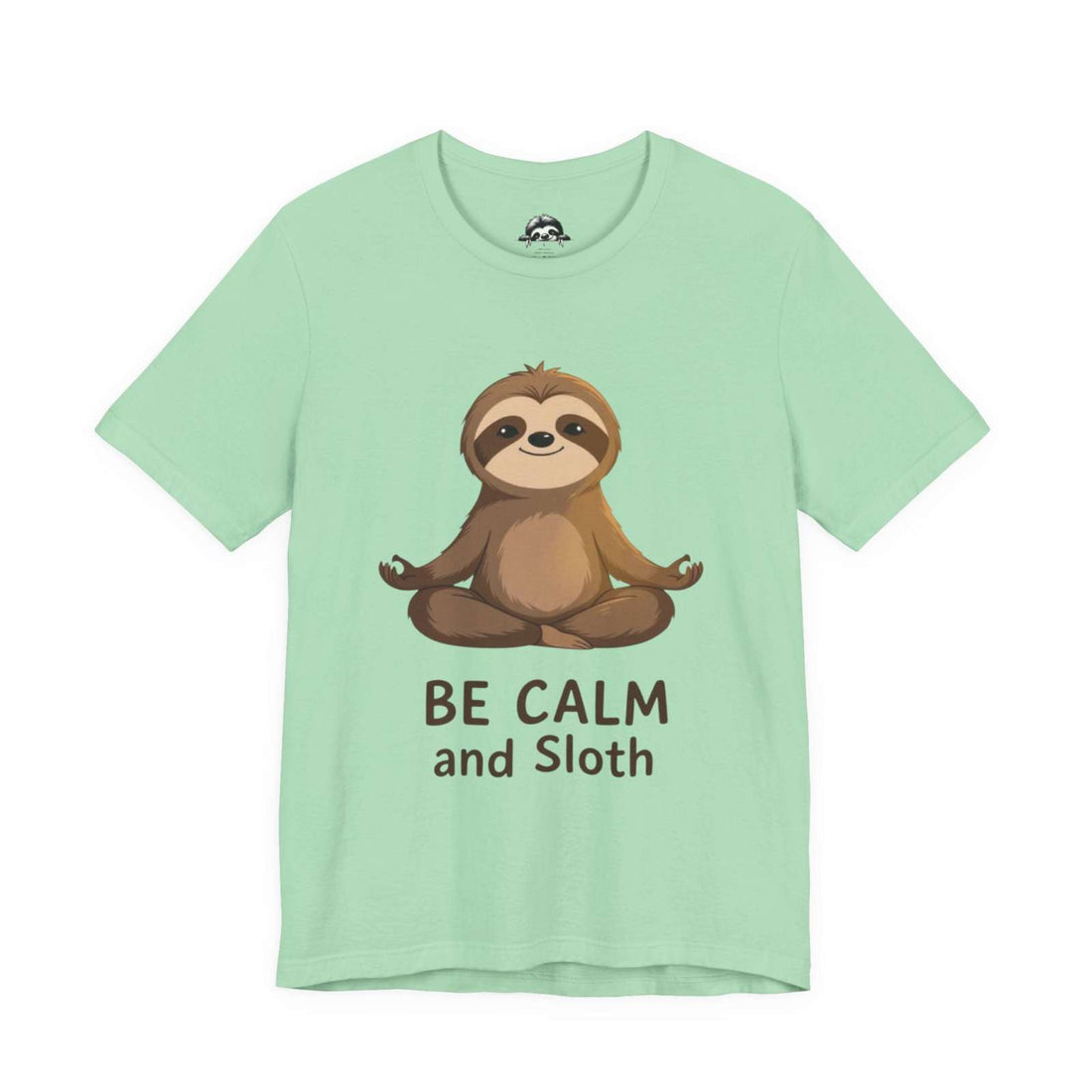 Mint green unisex sloth t-shirt with "Be Calm and Sloth" graphic and relaxed fit.