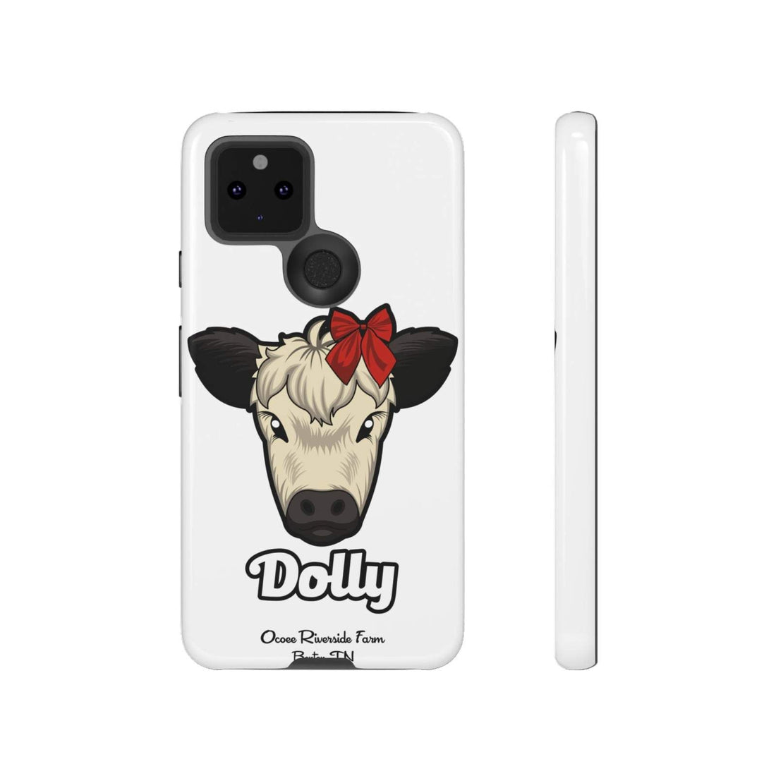Farmhouse Chic Phone Case featuring Dolly the cow with a red bow and rustic country design