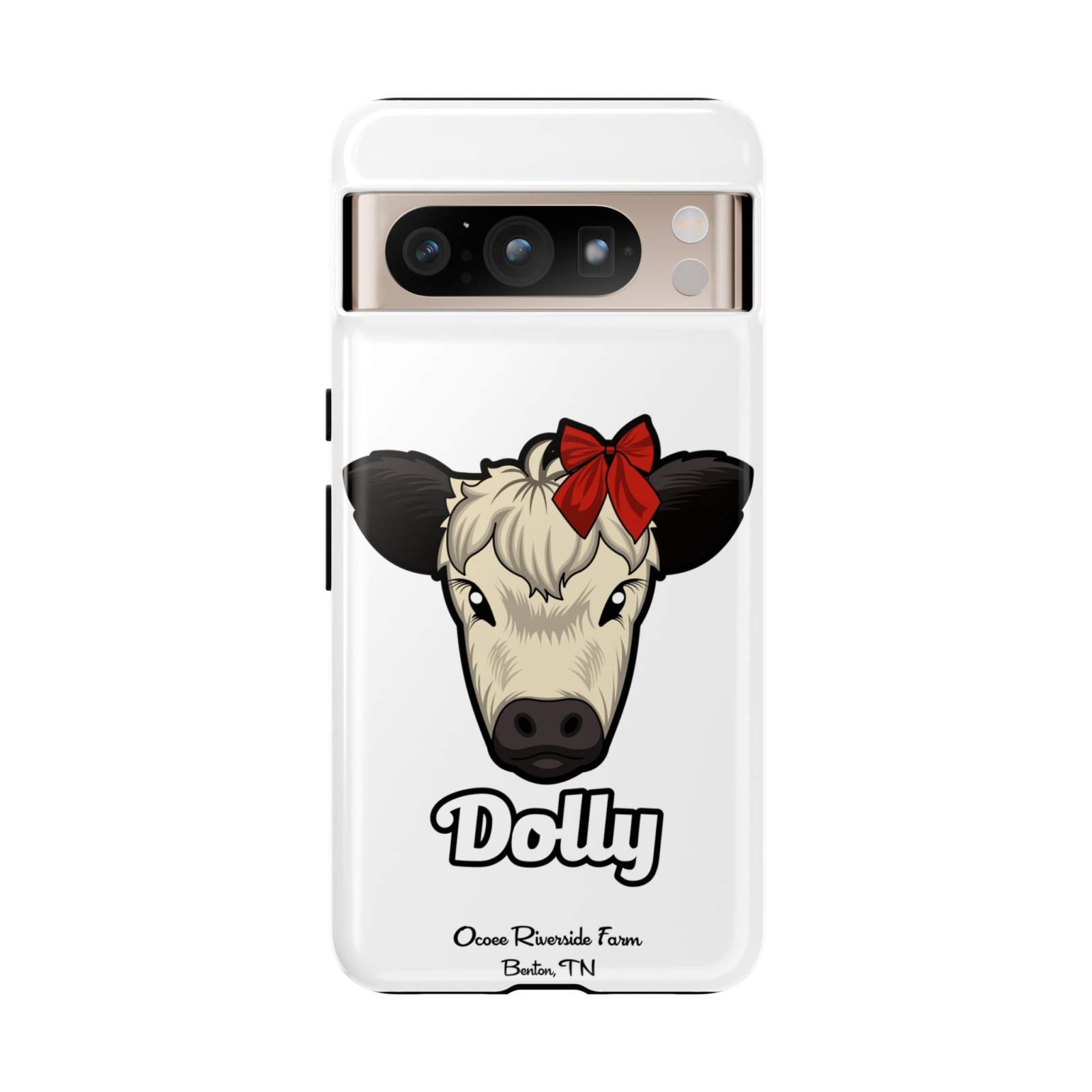 Farmhouse Chic Phone Case with Dolly the cow wearing a red bow, durable and stylish protection for phones