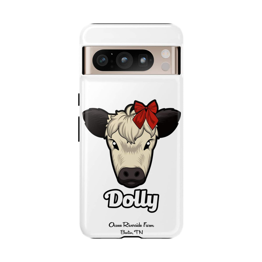 Farmhouse Chic Phone Case with Dolly the cow wearing a red bow, durable and stylish protection for phones