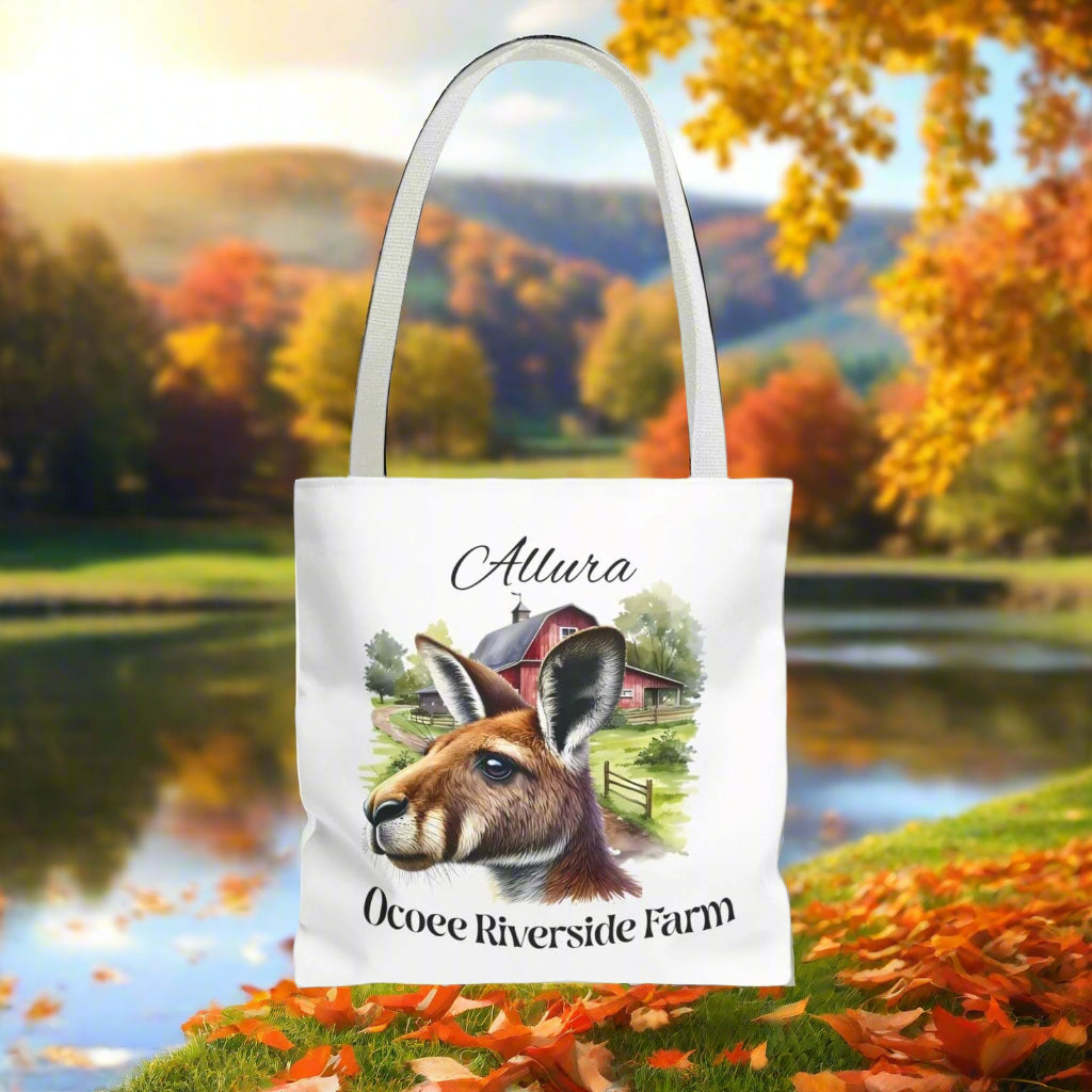 Allura Kangaroo Tote Bag with Ocoee Riverside Farm design, eco-friendly and durable shopping tote with kangaroo illustration.