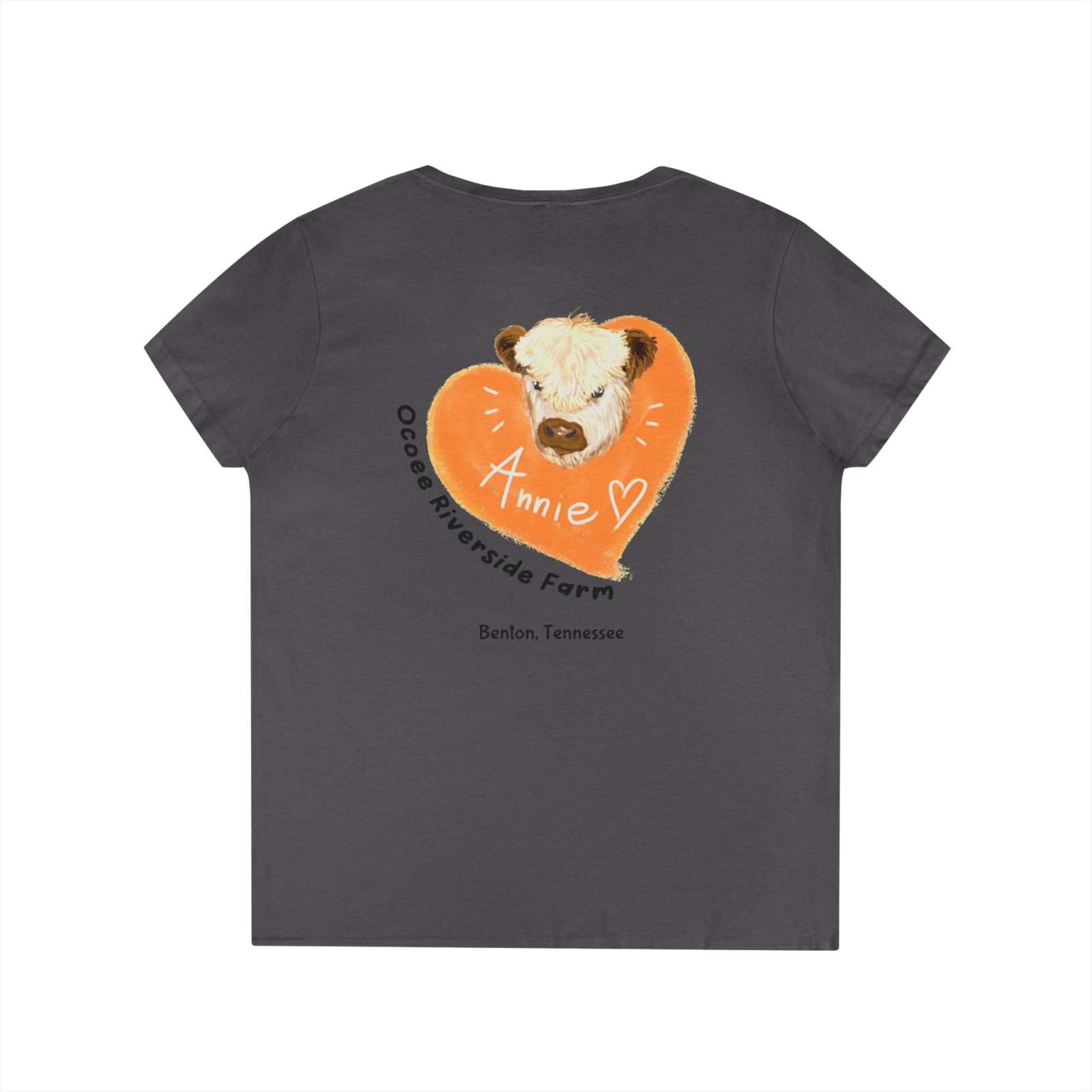 Tennessee Farm Life V-Neck for women with cute cow graphic and heart design, made from soft cotton for comfort and style