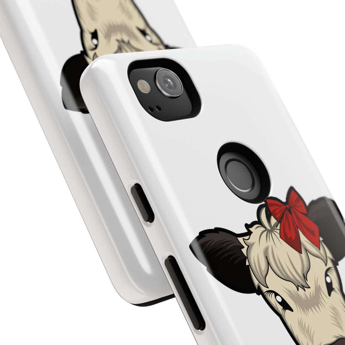 Farmhouse Chic Phone Case with red bow cow design, durable and scratch-resistant.