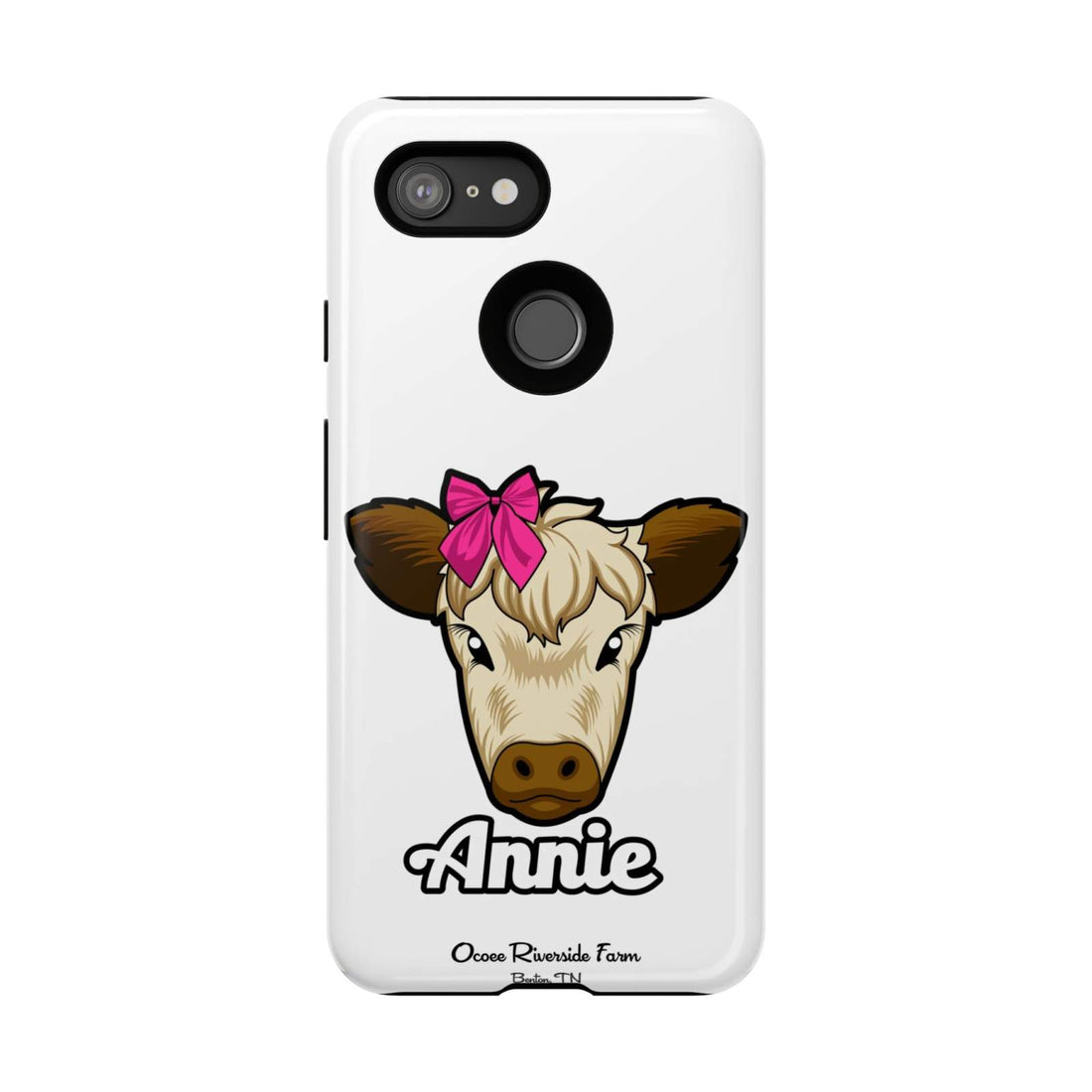 Cute cow phone case with red bow, ideal farm animal lover gift, Ocoee Riverside.