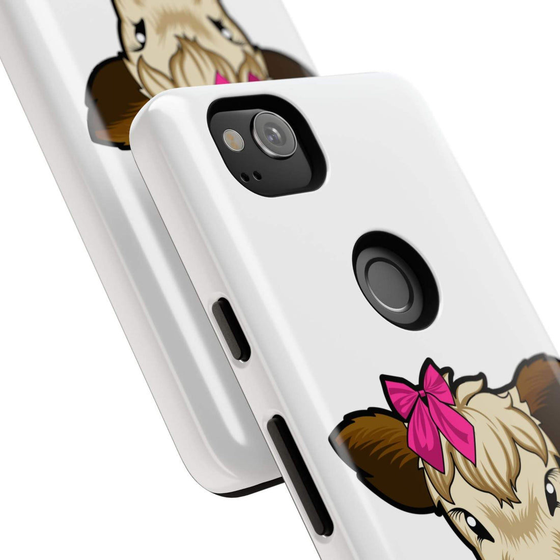 Cute Annie the Cow phone case with red bow, perfect farm animal lover gift.