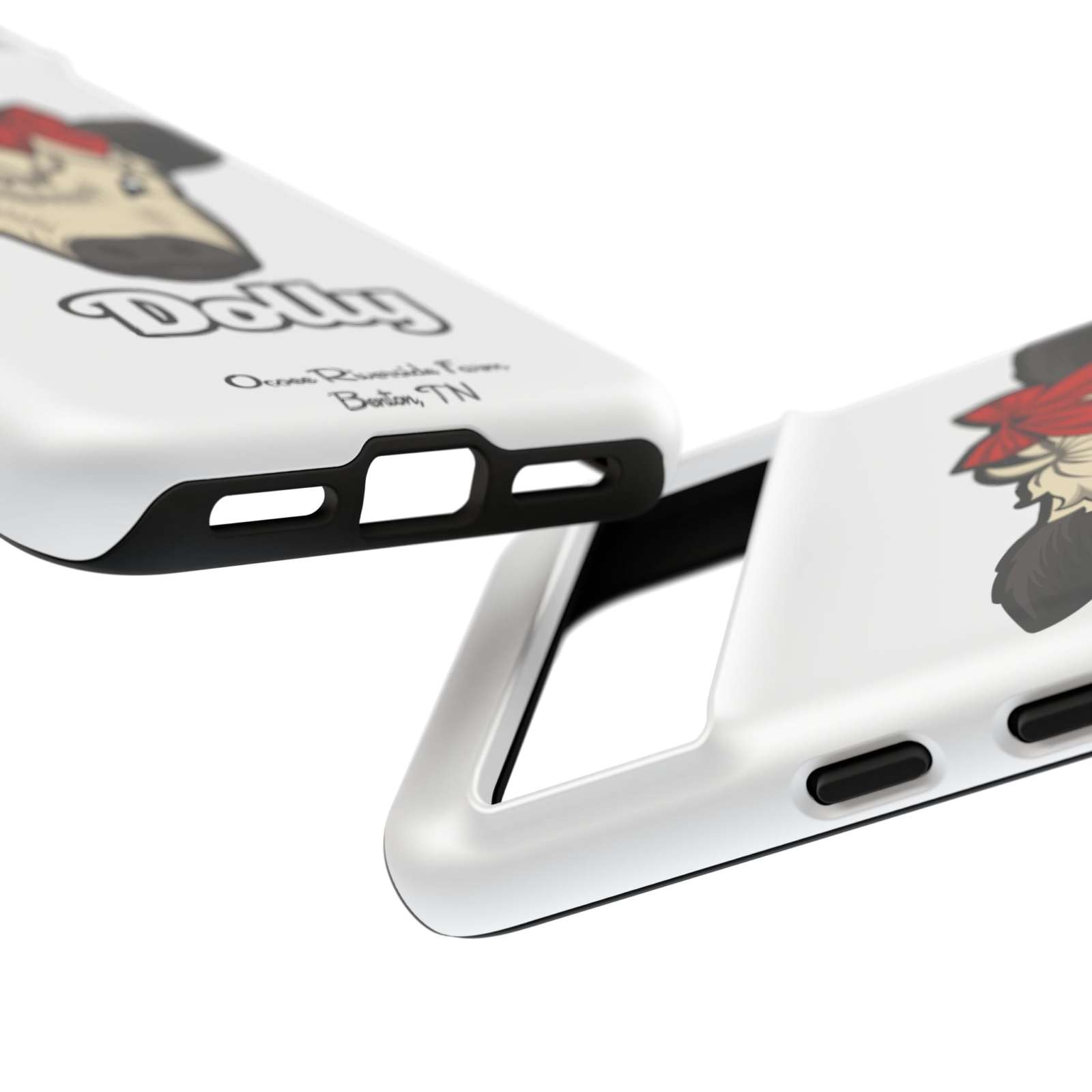 Farmhouse Chic Phone Case with Dolly the adorable red bow cow design, offering rustic charm and durable protection.