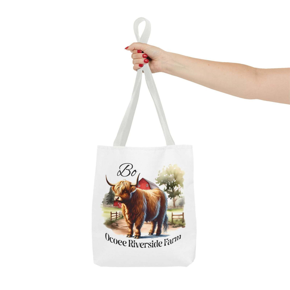 Bo Scottish Highland Tote Bag featuring a Highland cow design and Ocoee Riverside Farm logo, eco-friendly shopping bag with durable polyester and reinforced handles.