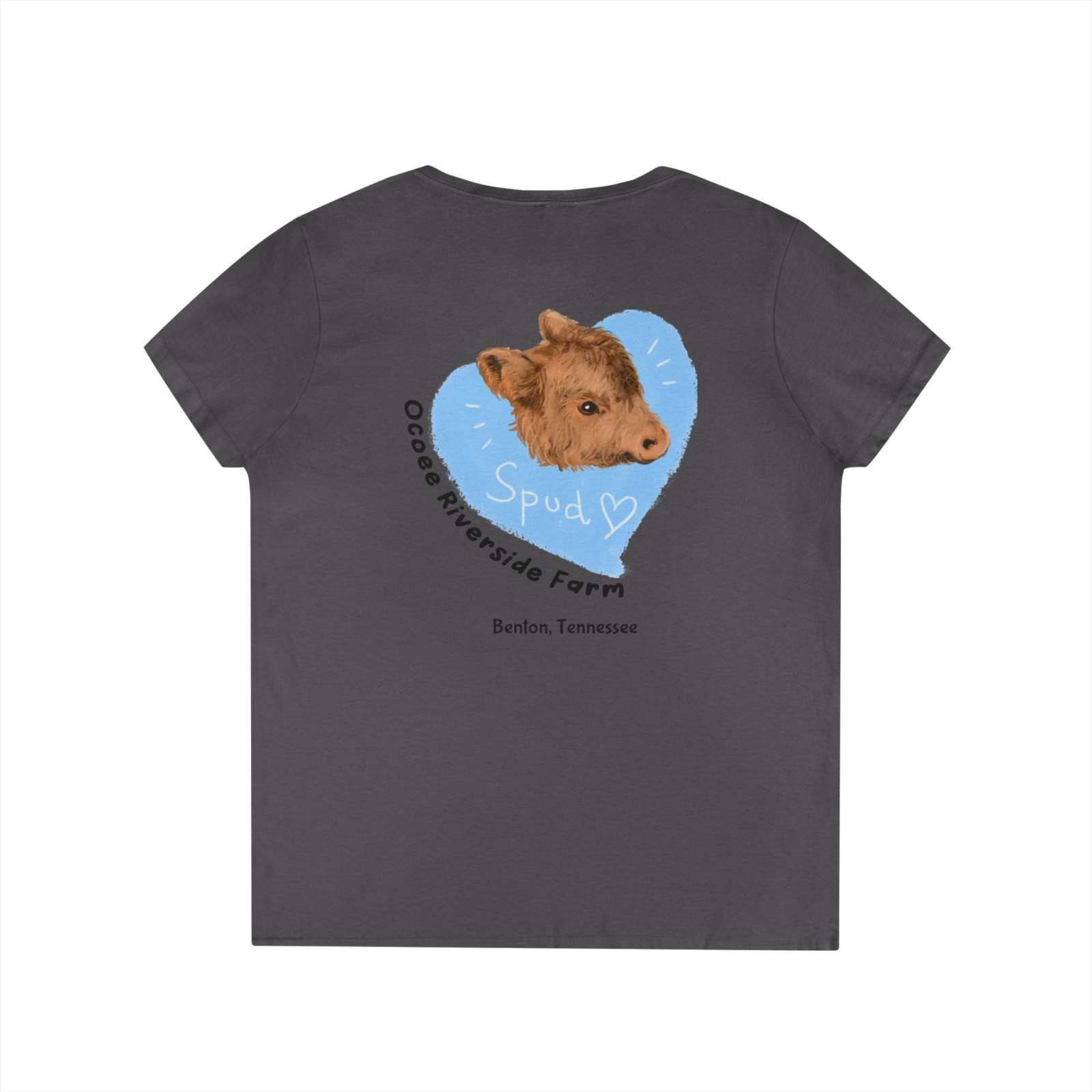 Spud Heart Women’s V-Neck T-Shirt in charcoal gray featuring a cute calf illustration inside a blue heart with Ocoee Riverside Farm Tennessee text on the back