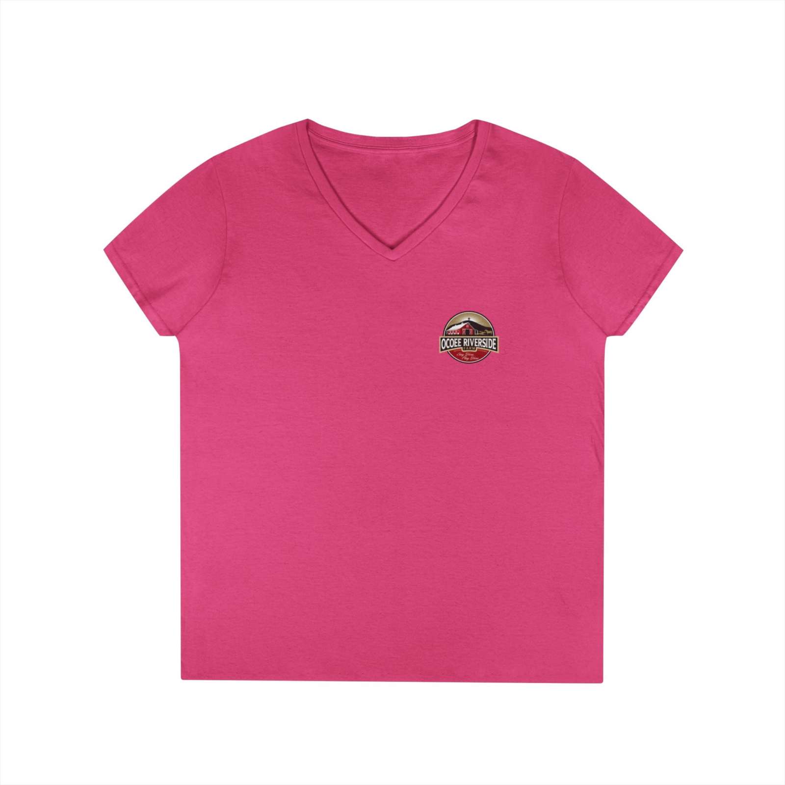 Pink Tennessee Farm Life V-Neck women's shirt with Spud Heart design and ribbed collar
