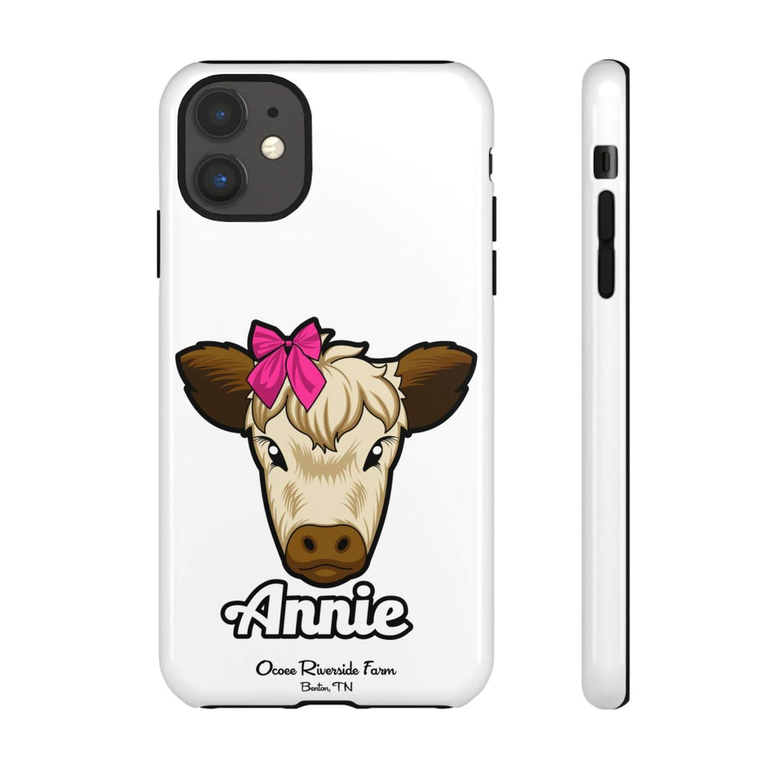 Cute cow phone case with red bow, perfect farm animal lover gift, durable and stylish design.