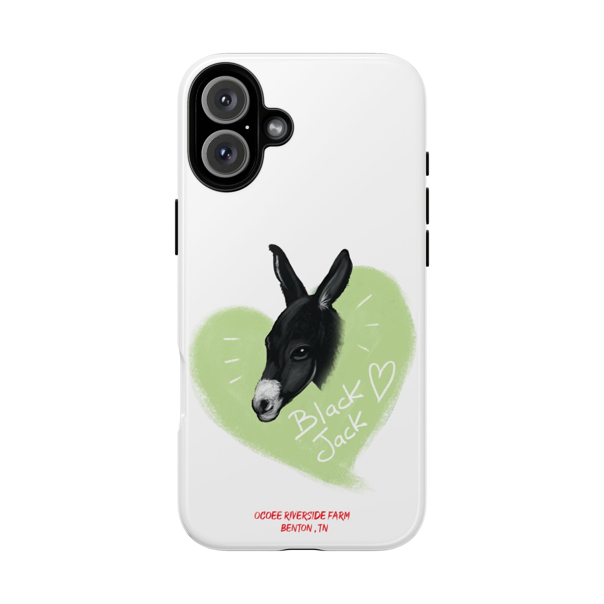 A donkey featuring the words "Black Jack" prominently displayed on its side at Ocoee Riverside Farm Phone Case