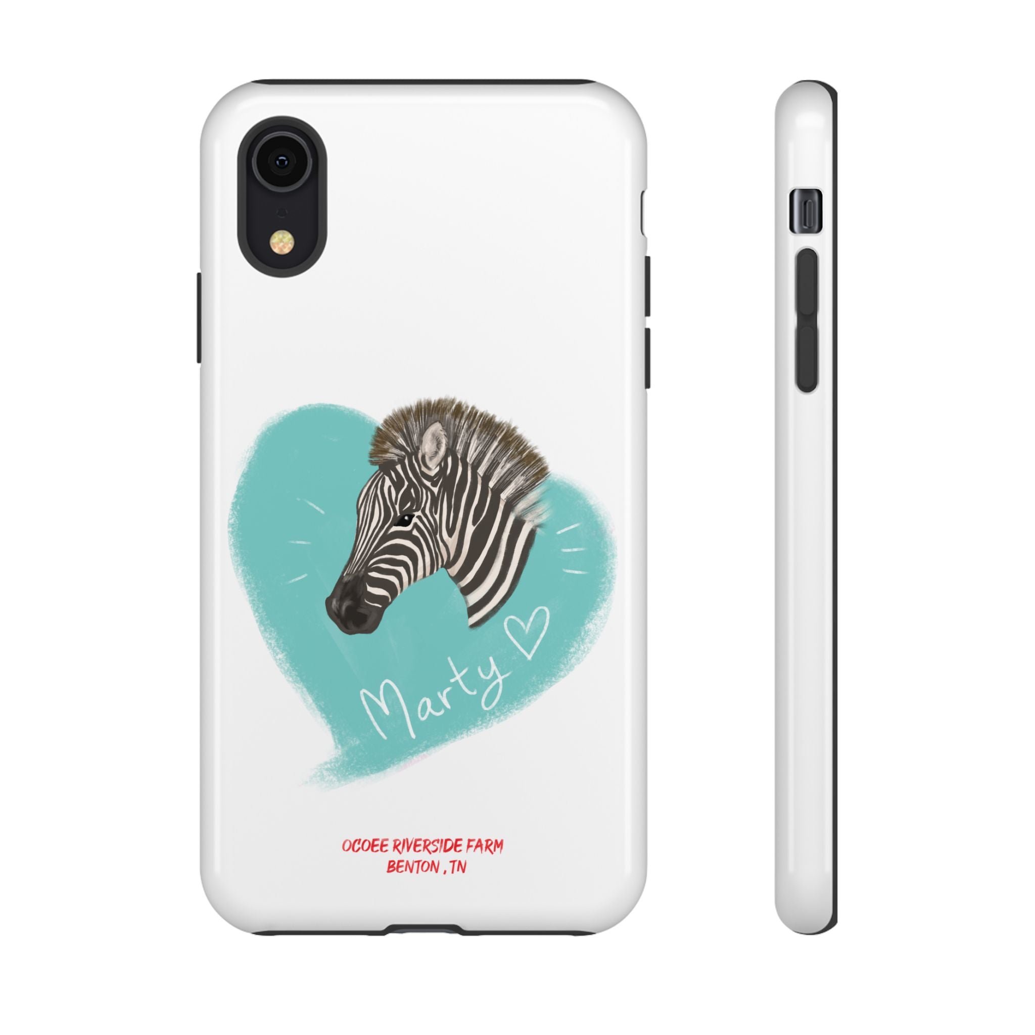 A zebra adorned with the word "Marty" creatively integrated into its stripes at Ocoee Riverside Farm Phone Case