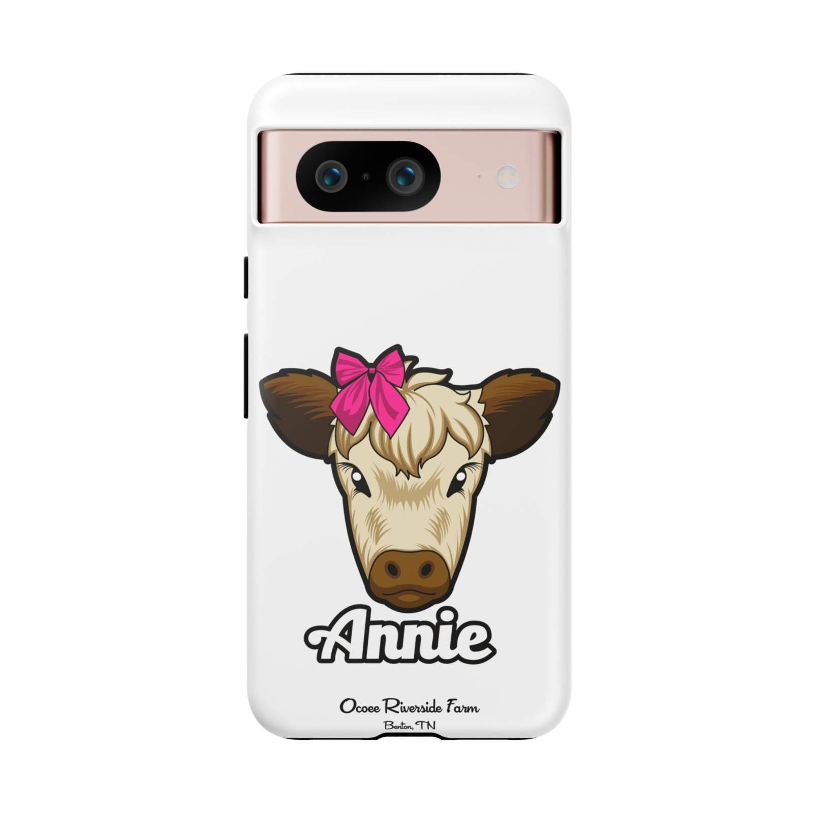 Cute farmhouse phone case with Annie the cow and red bow design for farm animal lovers.