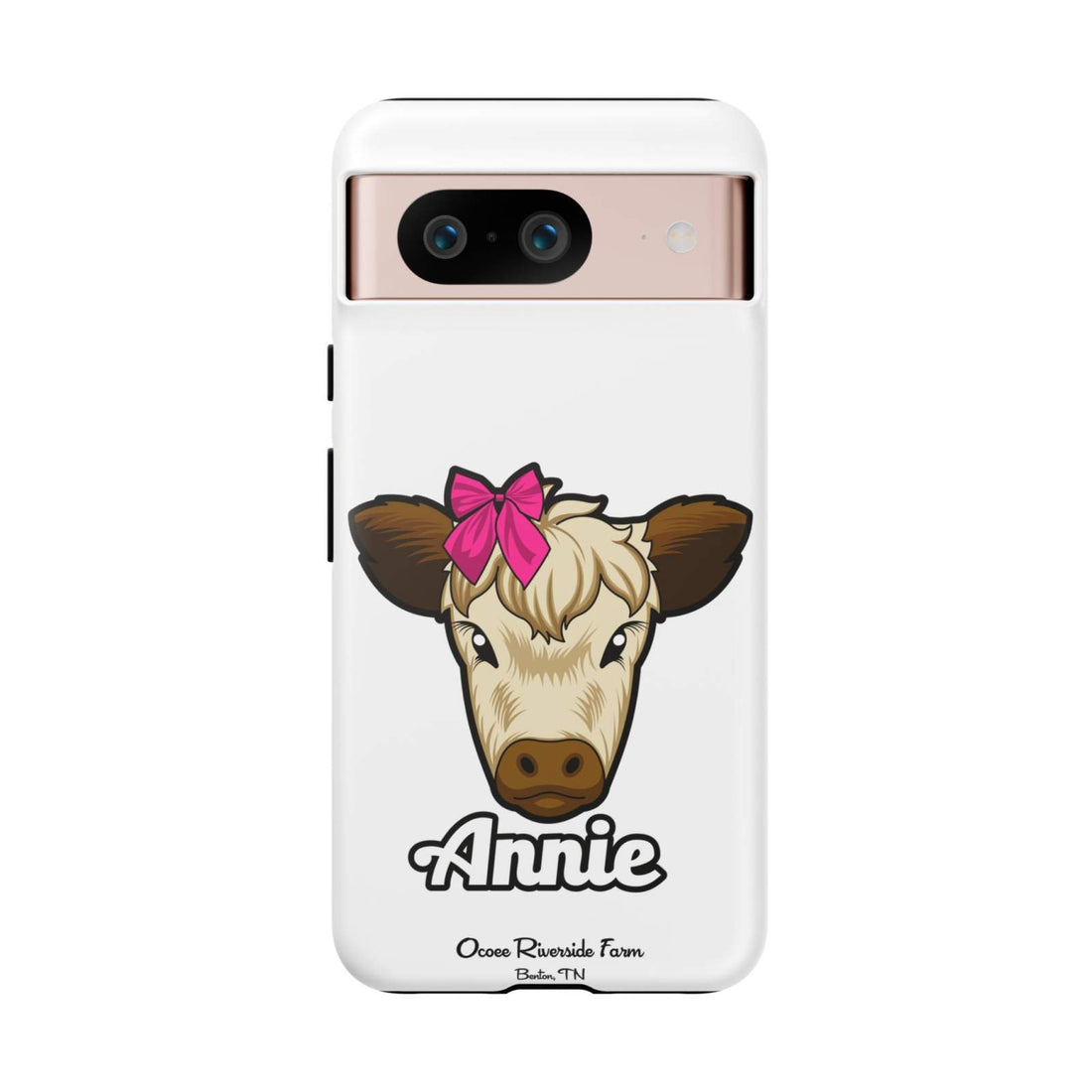 Cute farmhouse phone case with Annie the cow and red bow design for farm animal lovers.
