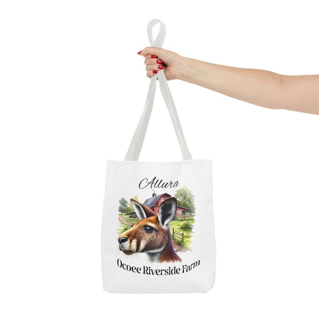 White Allura Kangaroo Tote Bag with kangaroo and farm illustration, held by hand, eco-friendly shopping accessory from Ocoee Riverside Farm