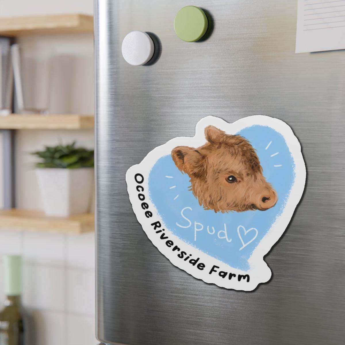 Farm Animal Decor Magnet with charming cow design and blue heart background on refrigerator door