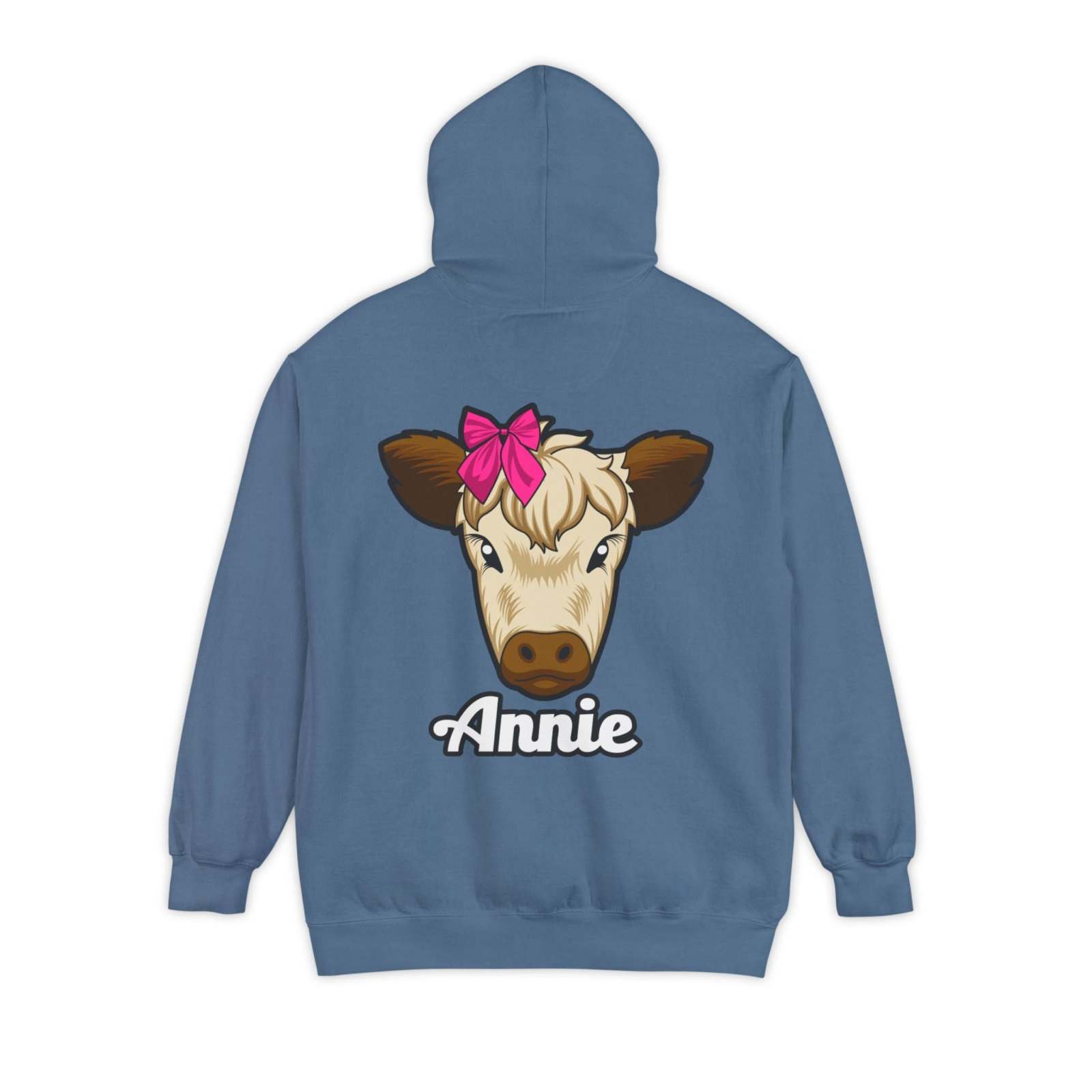 Unisex hoodie featuring Annie the Cow with pink bow, ideal for farm animal lovers seeking stylish and cozy apparel.