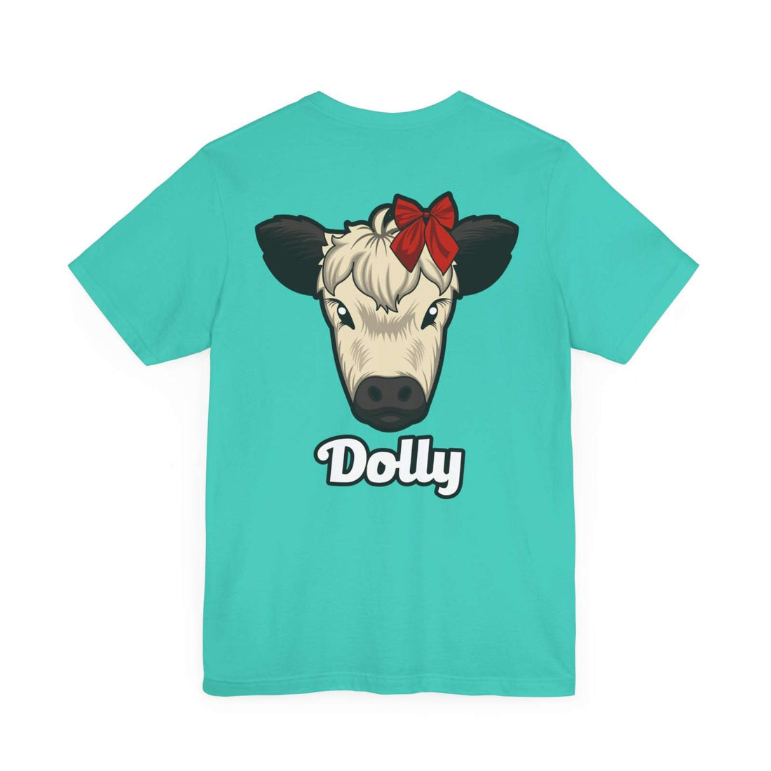 Turquoise Country Cow Graphic Tee featuring a cow named Dolly with a red bow and text design.