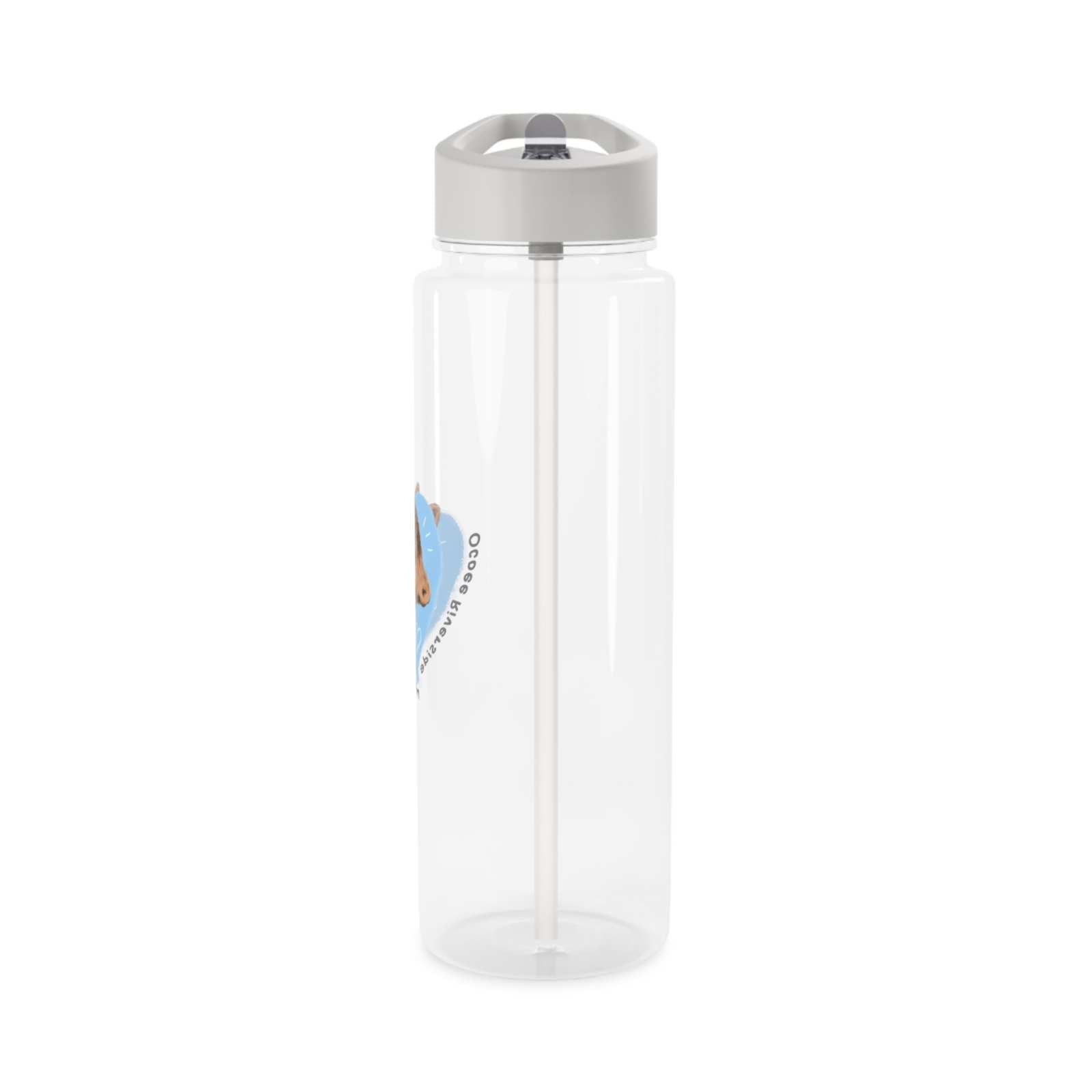 Transparent Cow Tritan water bottle with foldable straw and gray lid, BPA-free and spill-resistant, farm animal-themed drinkware.