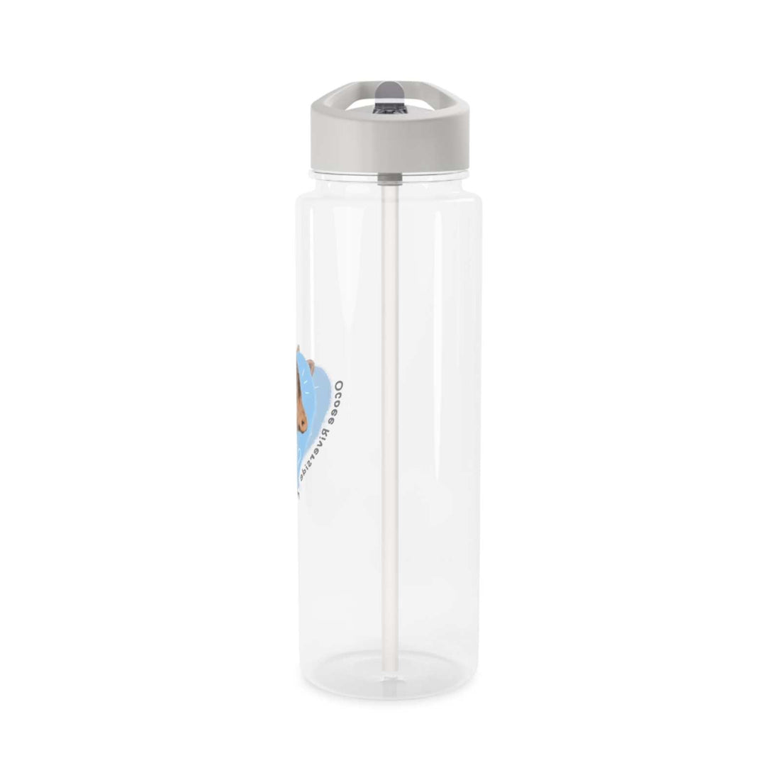 Transparent Cow Tritan water bottle with foldable straw and gray lid, BPA-free and spill-resistant, farm animal-themed drinkware.