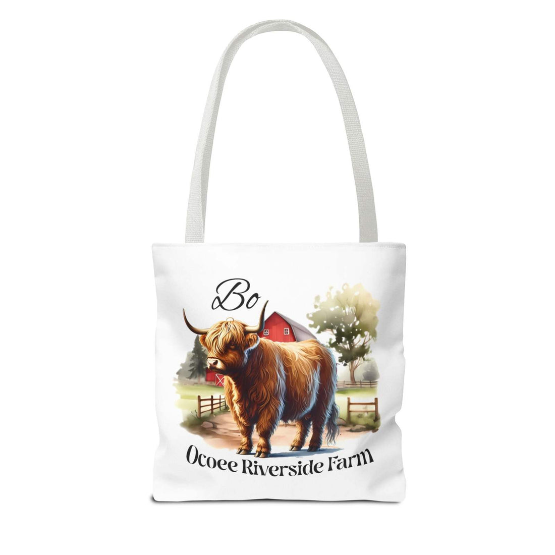 Bo Scottish Highland Tote Bag featuring a Highland cow and Ocoee Riverside Farm design, eco-friendly shopping bag with durable polyester material and sturdy handles.