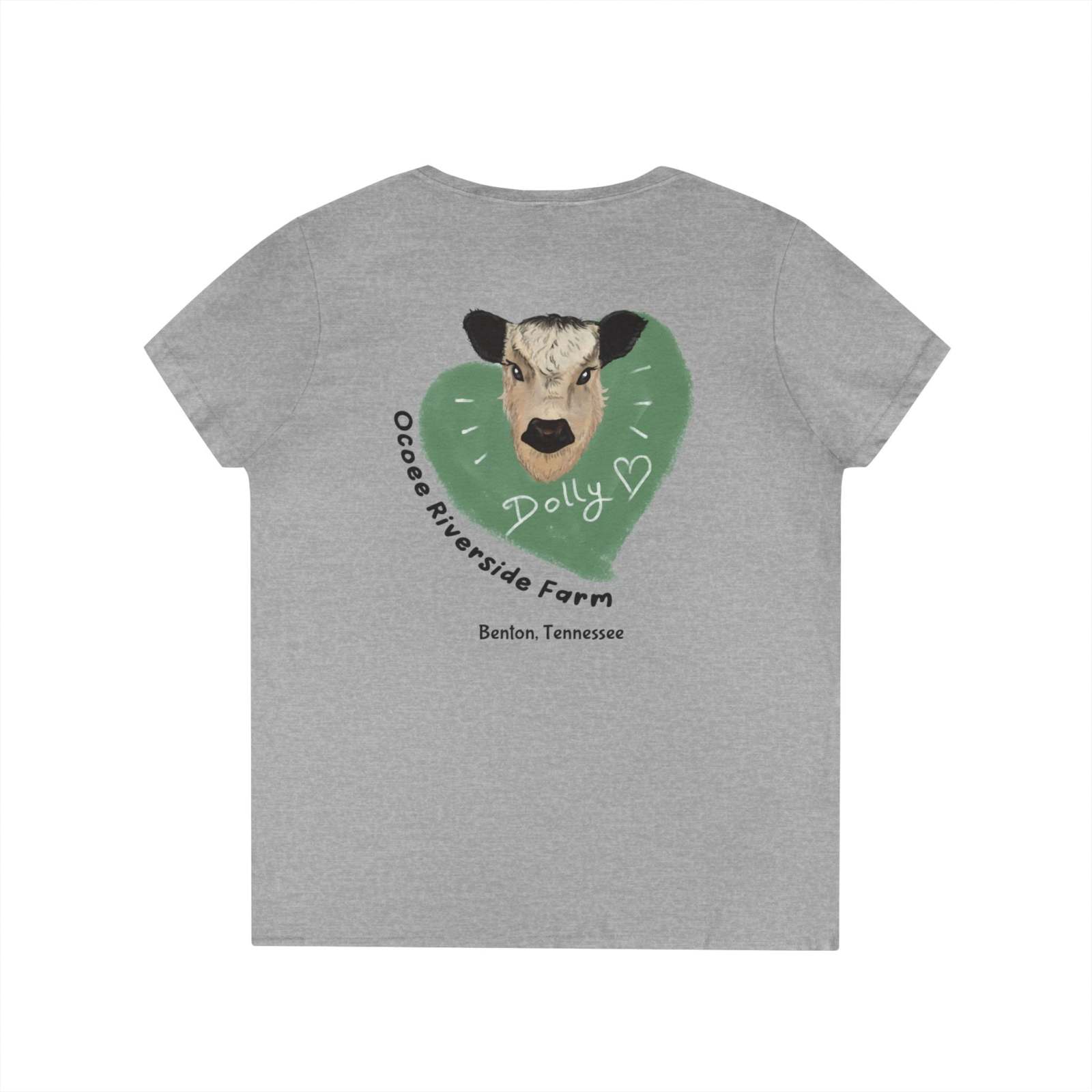 Grey Rustic Farm Style V-Neck women’s t-shirt with cow graphic and farm text on back
