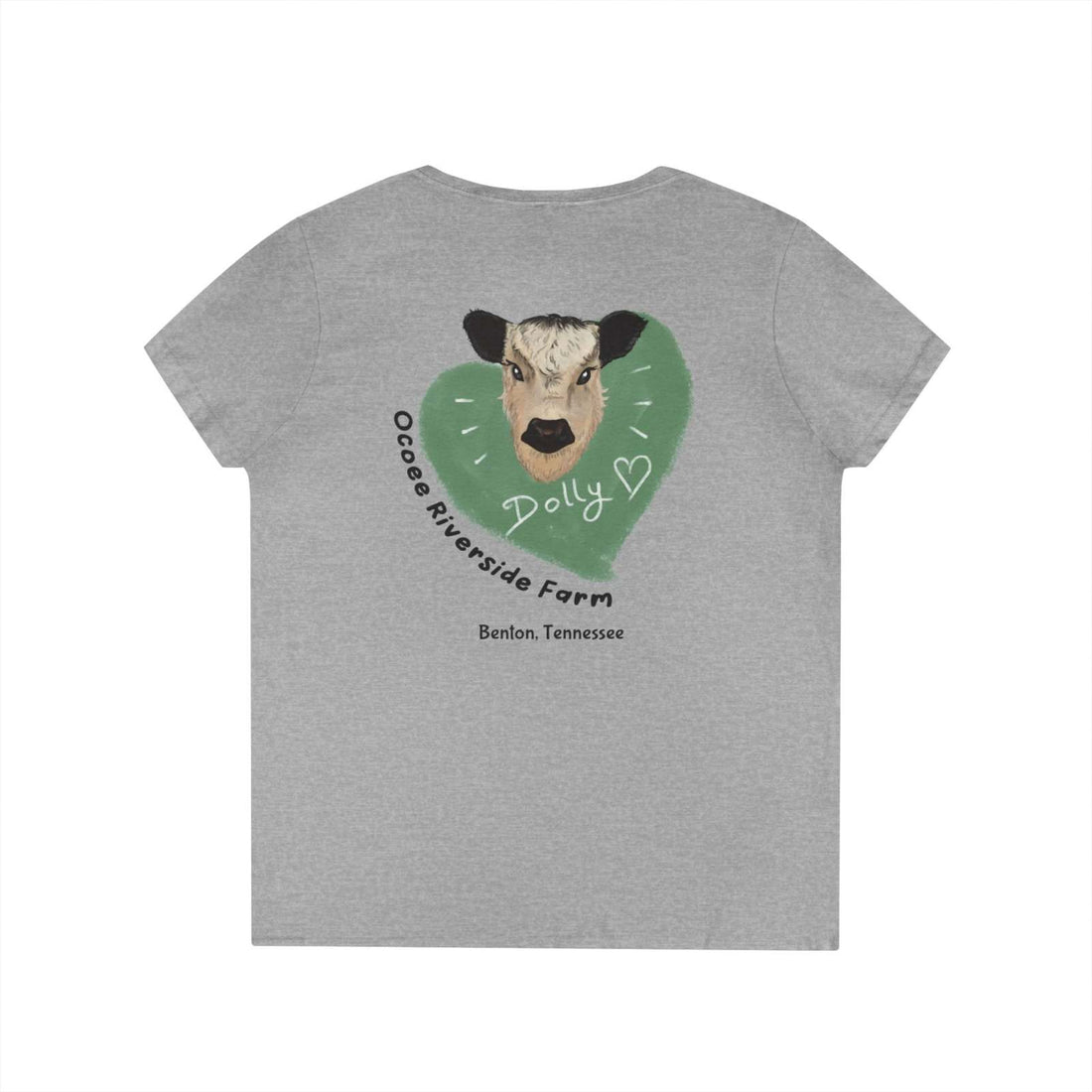 Grey Rustic Farm Style V-Neck women’s t-shirt with cow graphic and farm text on back