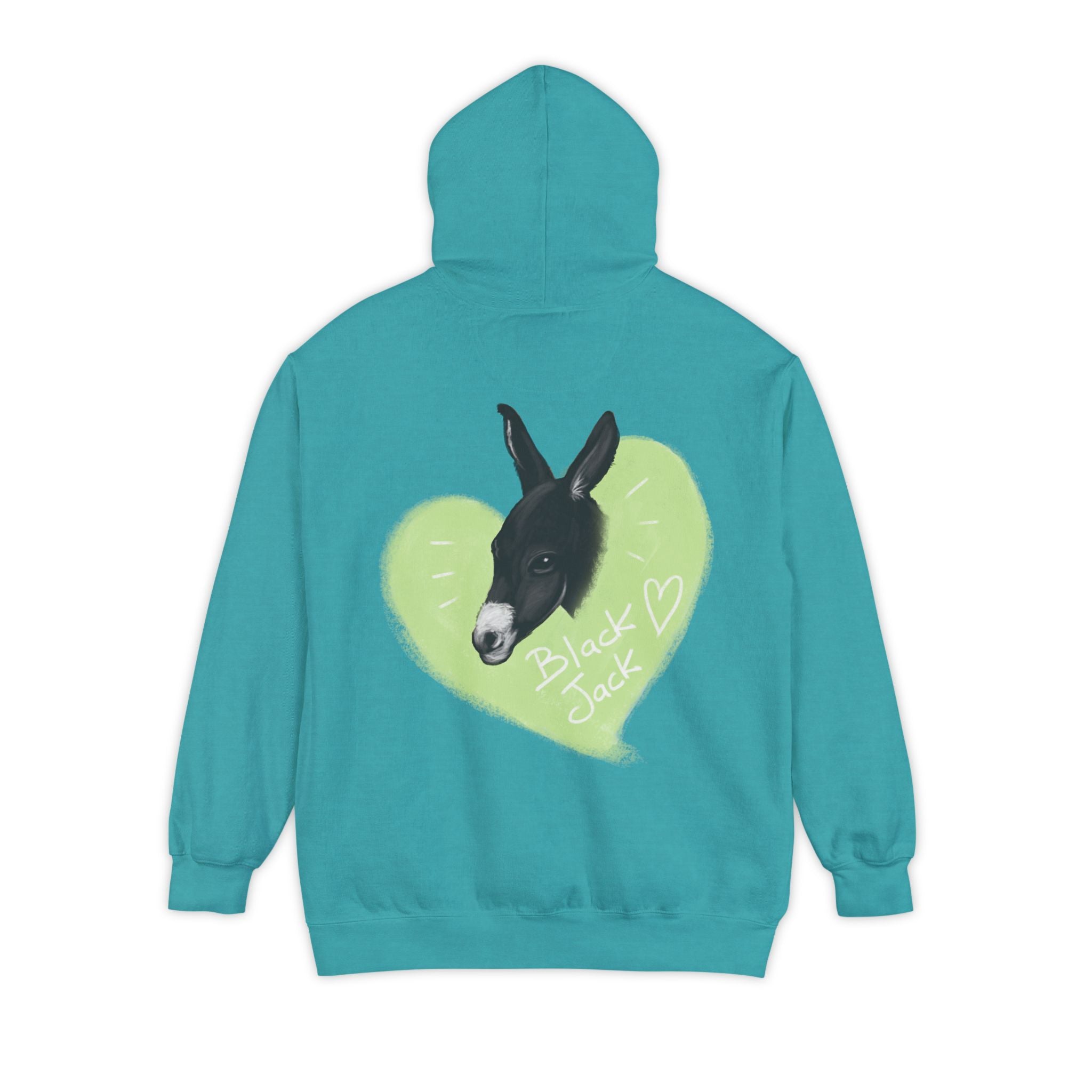 A donkey featuring the words "Black Jack" prominently displayed on its side at Ocoee Riverside Farm Unisex Hoodie