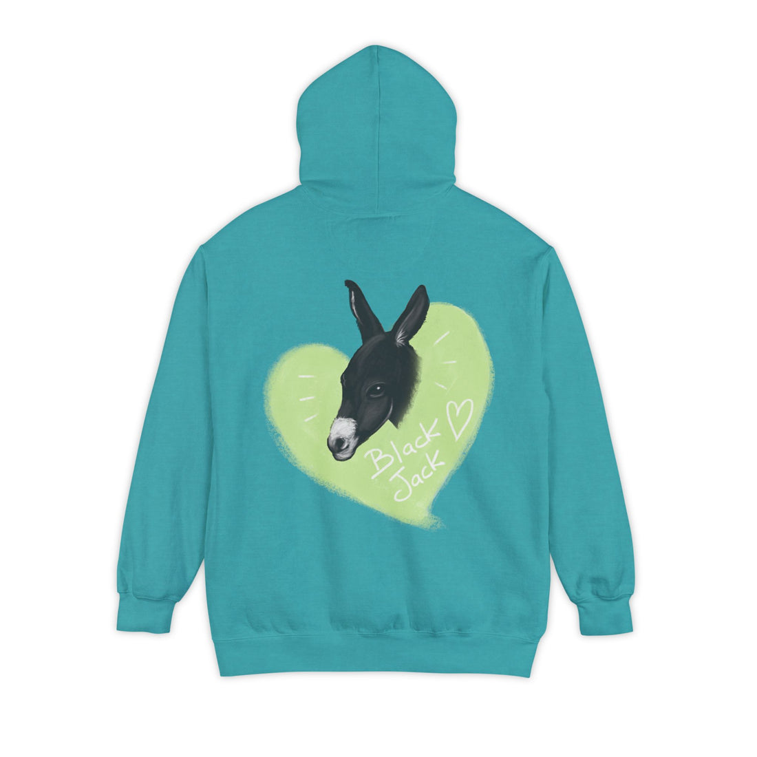 A donkey featuring the words "Black Jack" prominently displayed on its side at Ocoee Riverside Farm Unisex Hoodie