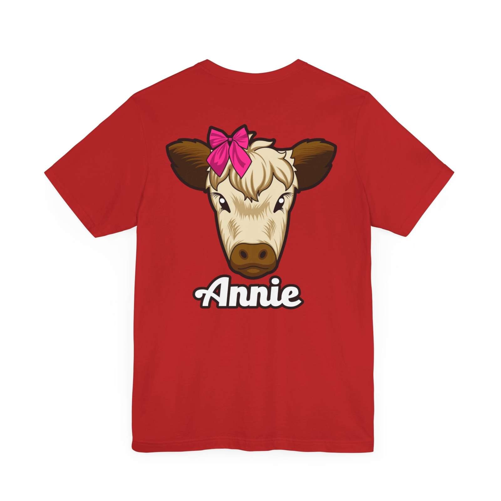 Red Farm Life T-Shirt featuring Annie the Cow with a red bow and "Annie" text.
