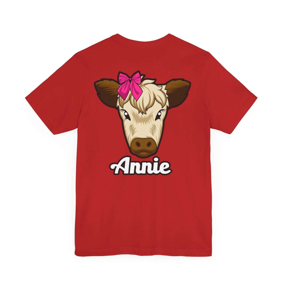 Red Farm Life T-Shirt featuring Annie the Cow with a red bow and "Annie" text.