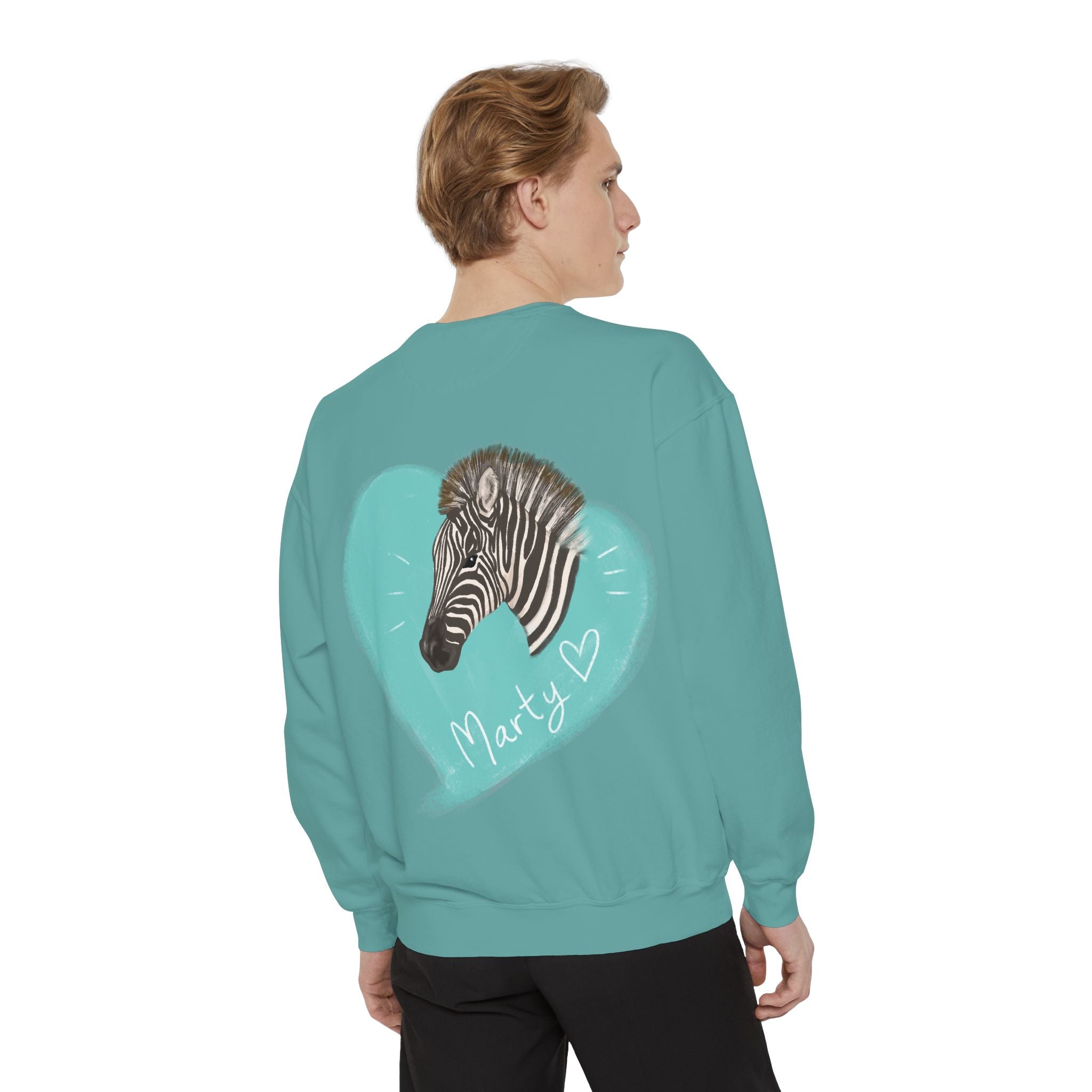 A zebra adorned with the word "Marty" creatively integrated into its stripes at Ocoee Riverside Farm Sweatshirt