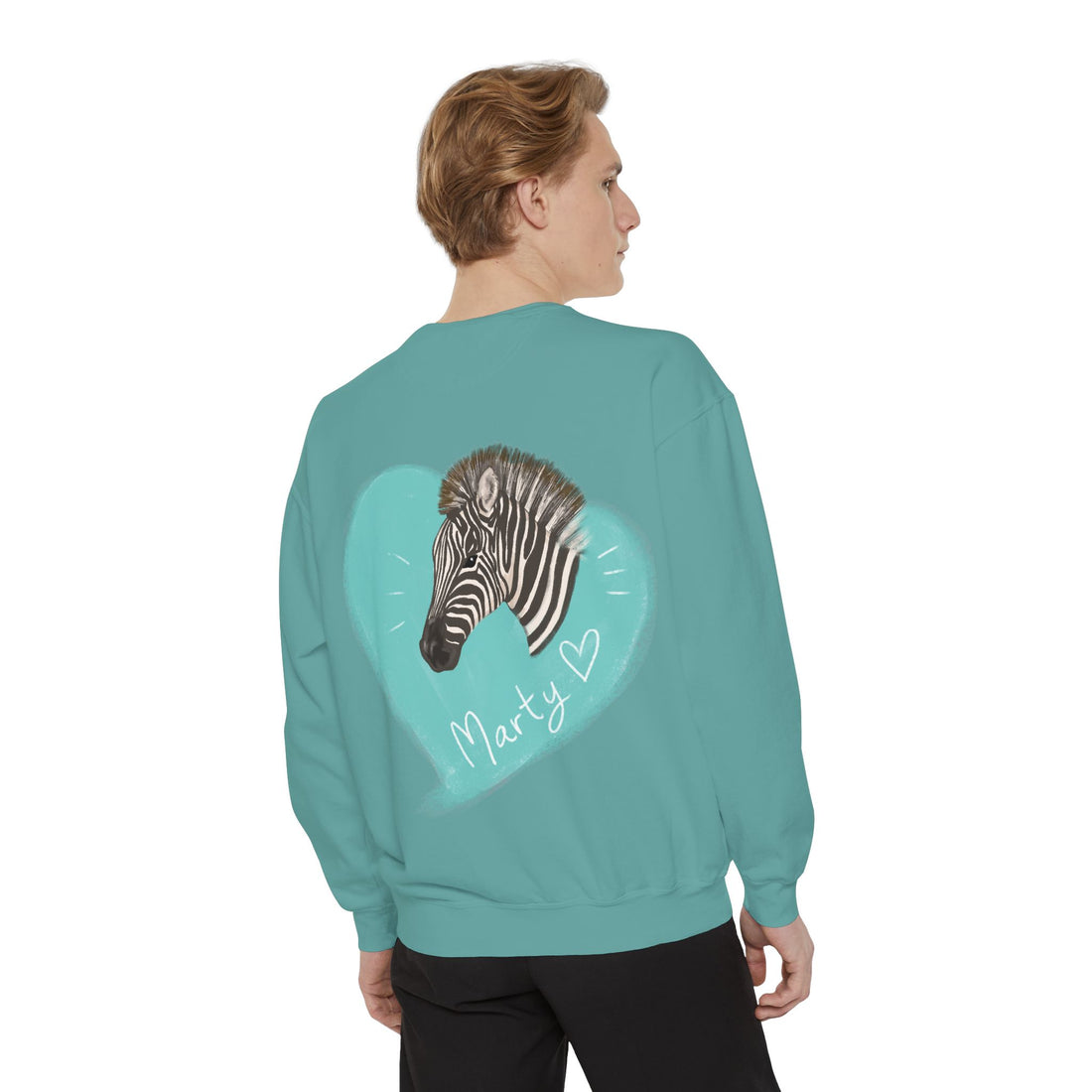 A zebra adorned with the word "Marty" creatively integrated into its stripes at Ocoee Riverside Farm Sweatshirt