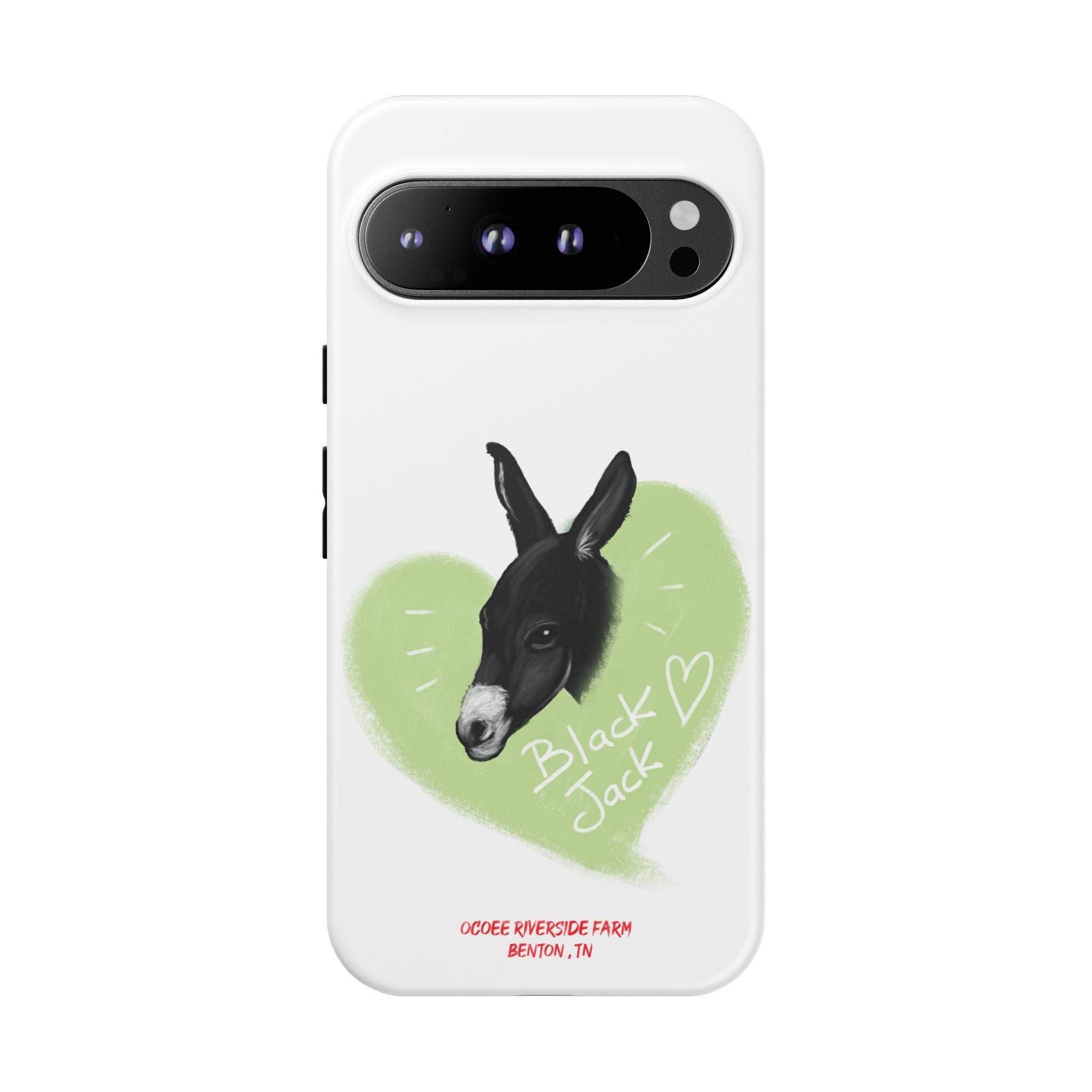 A donkey featuring the words "Black Jack" prominently displayed on its side at Ocoee Riverside Farm Phone Case