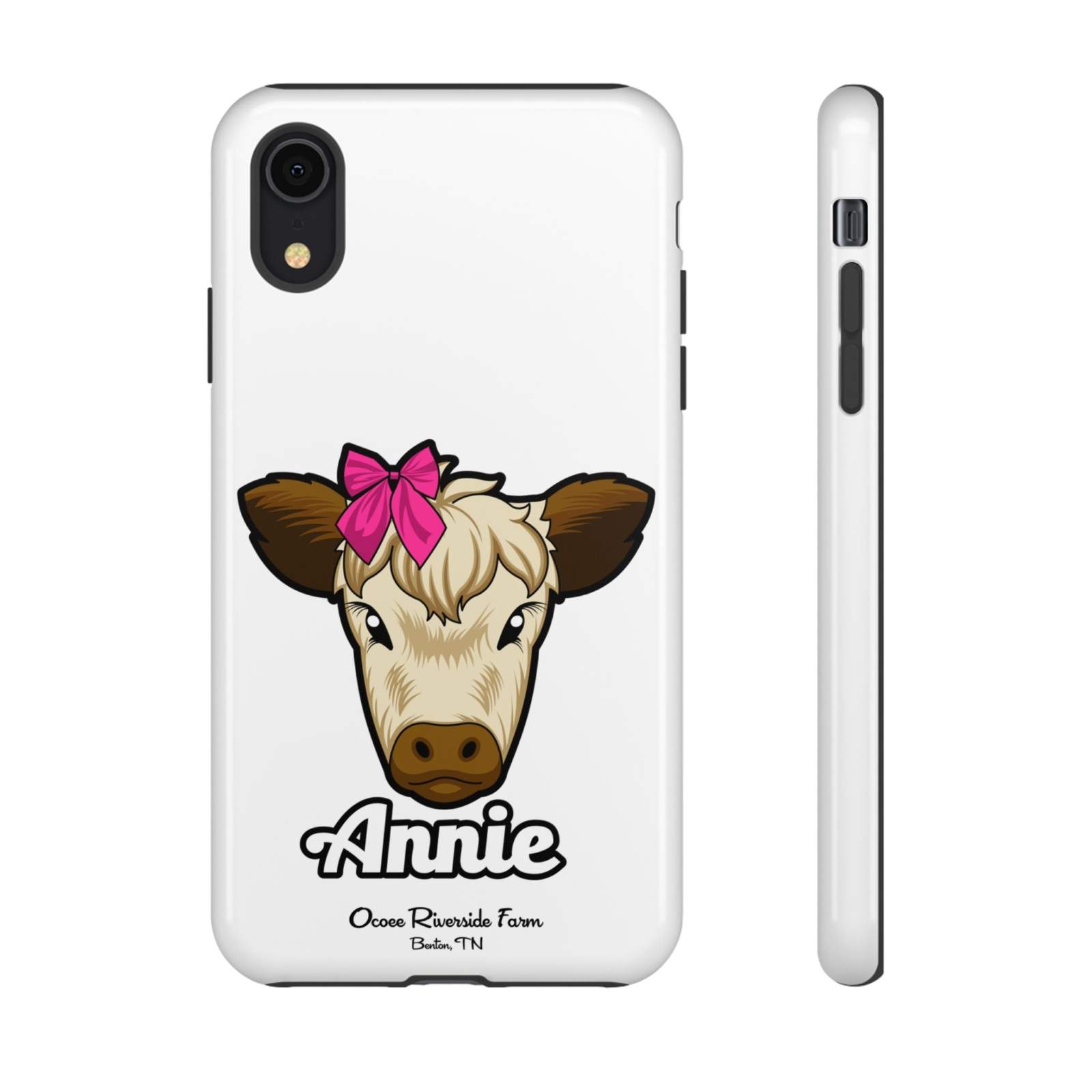 Cute farm animal lover gift phone case with Annie the Cow design, featuring a red bow, Ocoee Riverside.