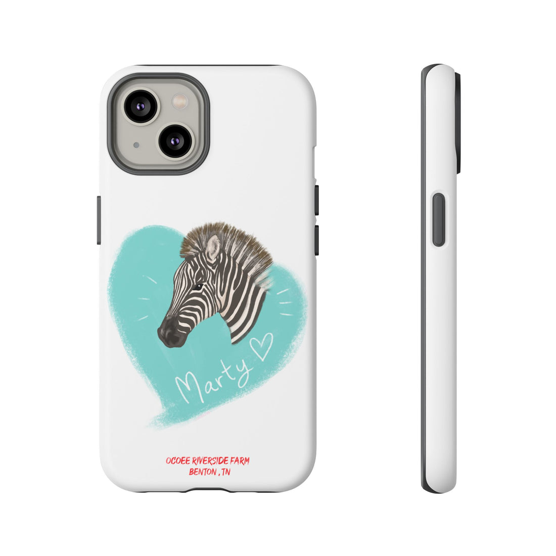 A zebra adorned with the word "Marty" creatively integrated into its stripes at Ocoee Riverside Farm Phone Case