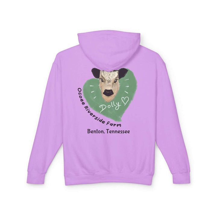 Lavender Cozy Cow Hoodie with Ocoee Riverside Farm cow design and Dolly heart on back, lightweight and breathable sweatshirt.