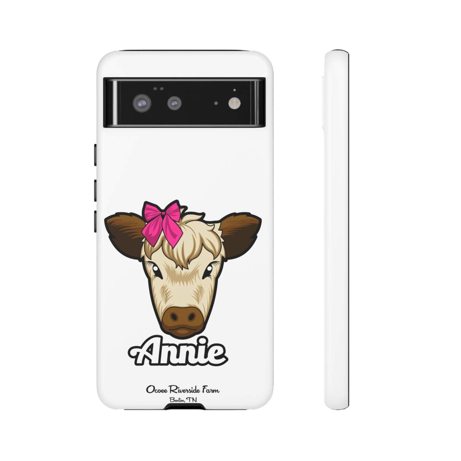 Cow phone case with cute farmhouse design and red bow, ideal farm animal lover gift.