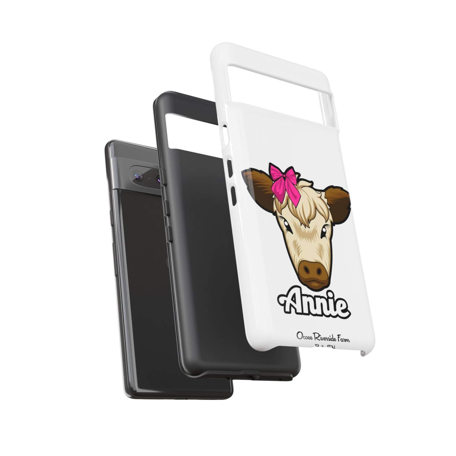Cute cow phone case with red bow and Annie text, ideal farm animal lover gift.